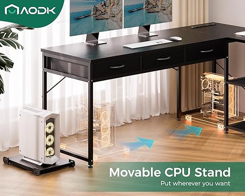 Miniatura 7 de AODK Escritorio en forma de L con cajones, escritorio de computadora de 61 pulgadas con estantes de almacenamiento y puertos USB, escritorio de