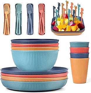 RHM 48Pcs Dinner Set for 4 - Camping Picnic Plates Bowls and Cutlery Set - Unbreakable Tableware - Microwave & Dishwasher Safe - Perfect for Camping, Picnic, RV, Dorm - Great for Kids, Elderly