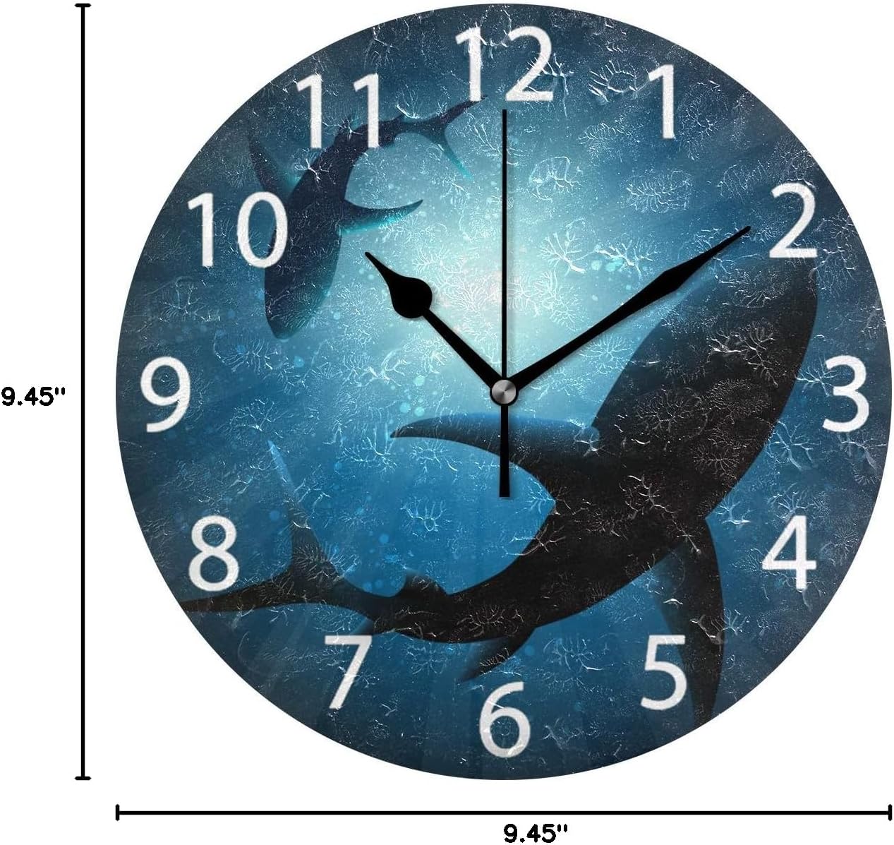 senya Sharks Under Water Round Wall Clock, Silent Non Ticking Oil Painting Decorative for Home Office School Clock Art