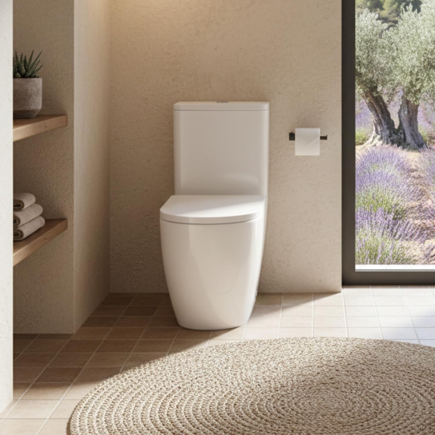 SOULHOME Pack Inodoro Completo Rimless Curvo Blanco Mate | Tapa Amortiguada | Salida Horizontal/Vertical | Doble Descarga Eco | Pulsador Dorado