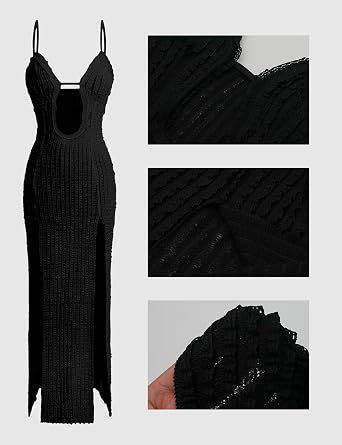 ISZPLUSH Women's Sleeveless All Mesh Dress Sexy Mini Tassel Cut Out See Through Dress High Slit Ruffle Hem Mesh Club Outfit