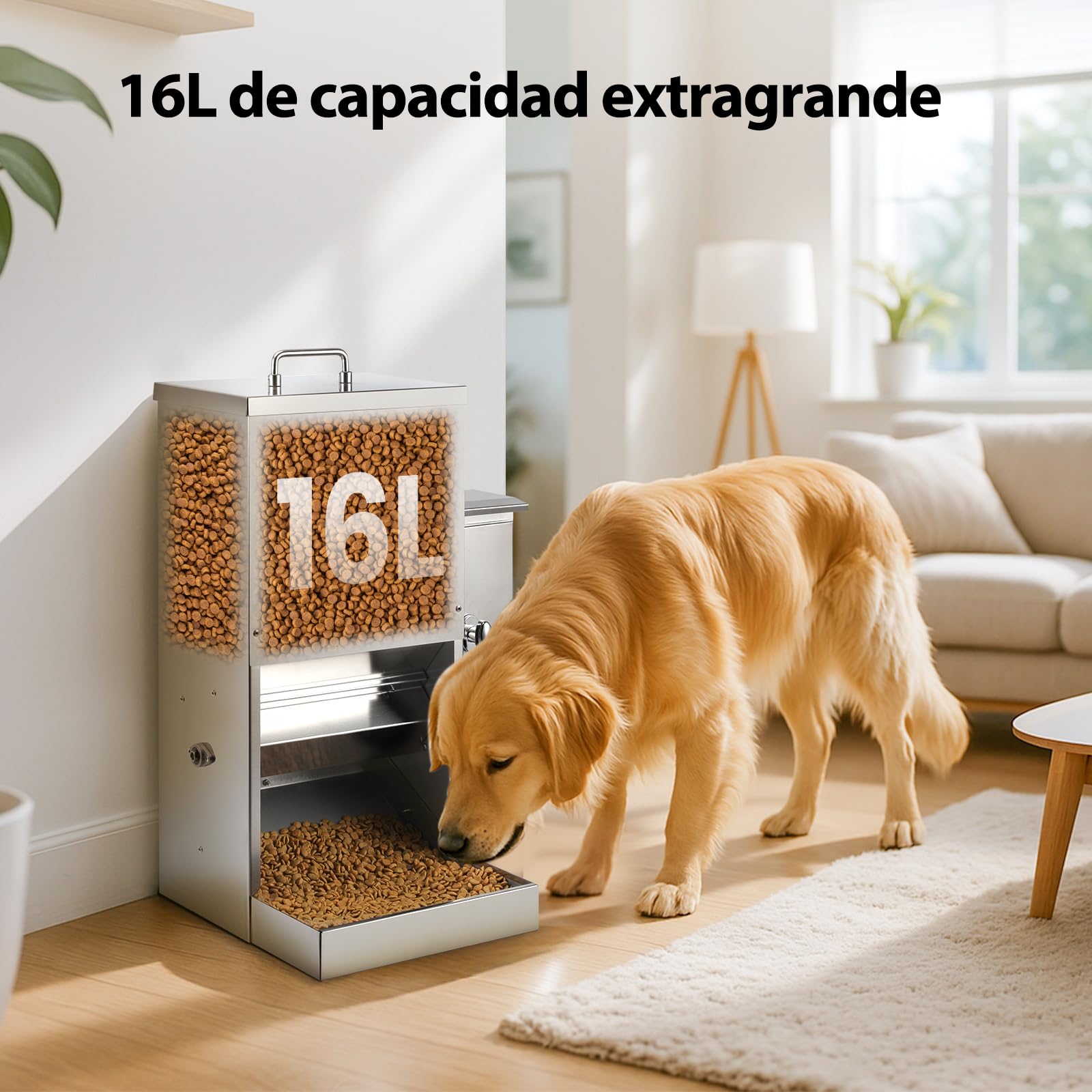 Alimentador Automático para Perros de 16L con Temporizador, Dispensador de Comida de Acero Inoxidable con Horario Programable para Perros Grandes o Gatos