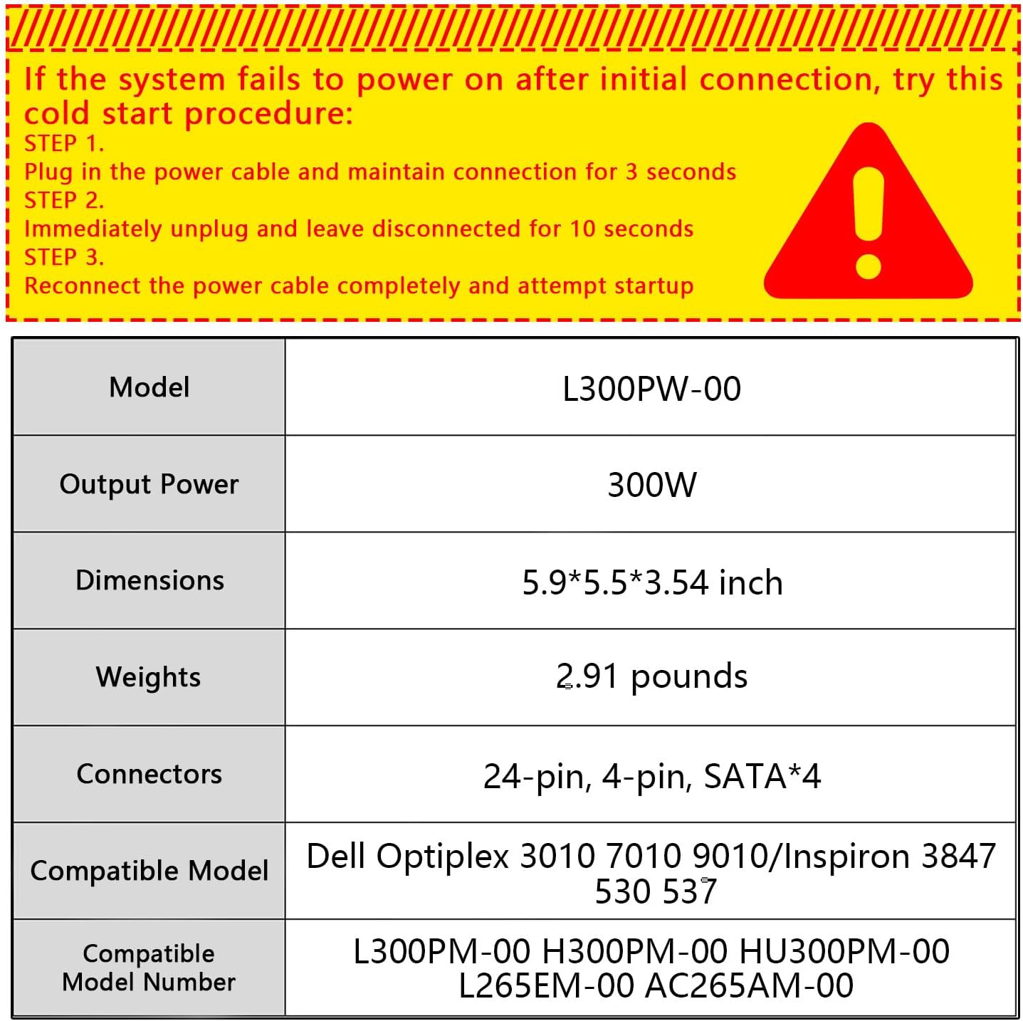 L300PM-00 300W Power Supply Compatible with Dell Optiplex 3010 7010 9010/Inspiron 3847 530 537 540 545 560 580 620 660/PS-6301-06D G9MTY L300PM-00 L265EM-00 AC265AM-00 H300PM-00 HU300PM-00 X9GWG XW598