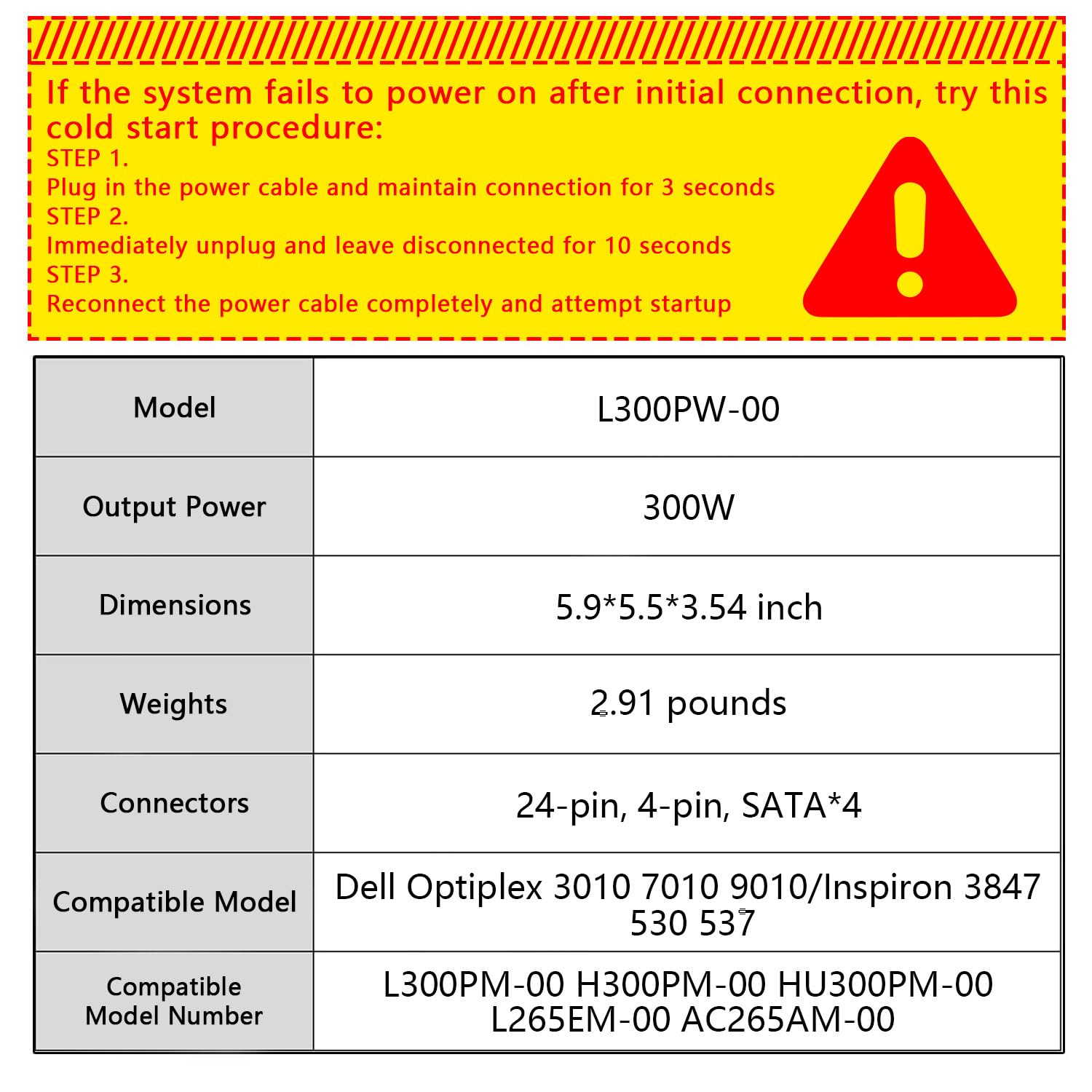 L300PM-00 300W Power Supply Compatible with Dell Optiplex 3010 7010 9010/Inspiron 3847 530 537 540 545 560 580 620 660/PS-6301-06D G9MTY L300PM-00 L265EM-00 AC265AM-00 H300PM-00 HU300PM-00 X9GWG XW598