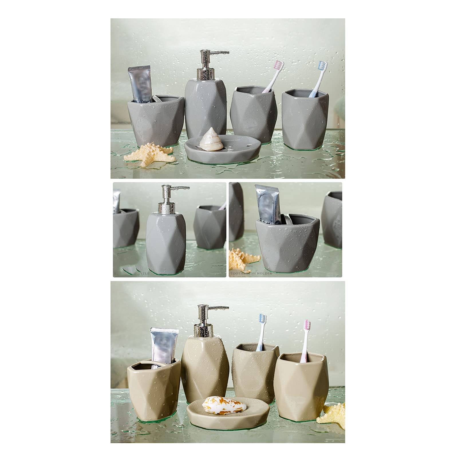 Zestaw 5-częściowy dozownika do mydła ceramicznego do domu i łazienki: butelka z balsamem/kubeczek do płynu do płukania ust/uchwyt na szczoteczki do zębów/mydelniczka (w kształcie diamentu) (kolor: