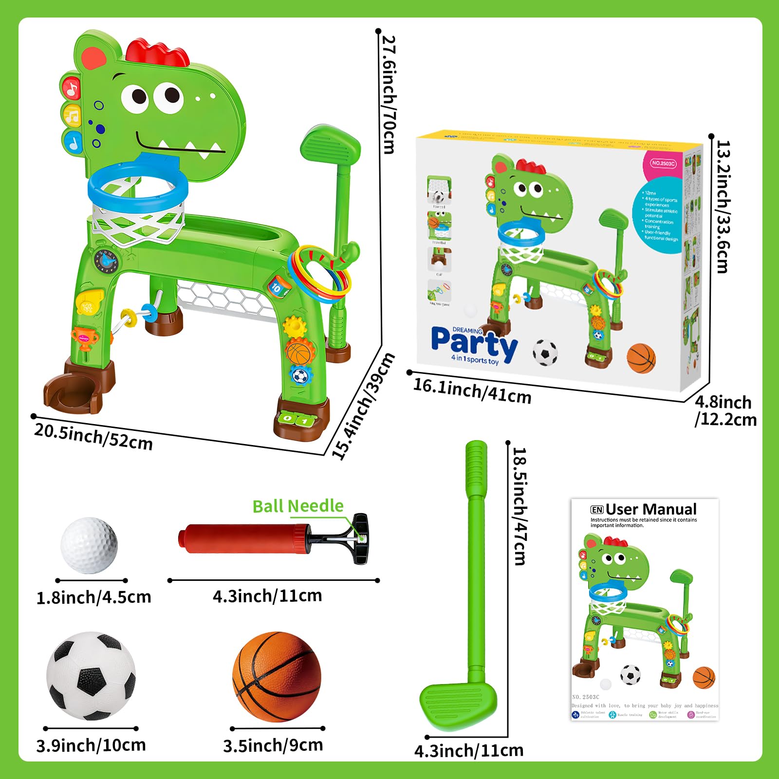 4 en 1 canasta de baloncesto y portería de fútbol para niños pequeños, juguete para bebé con juego de golf y juego de lanzamiento de anillos, juguete de dinosaurio para niños y niñas de 1, 2, 3 años