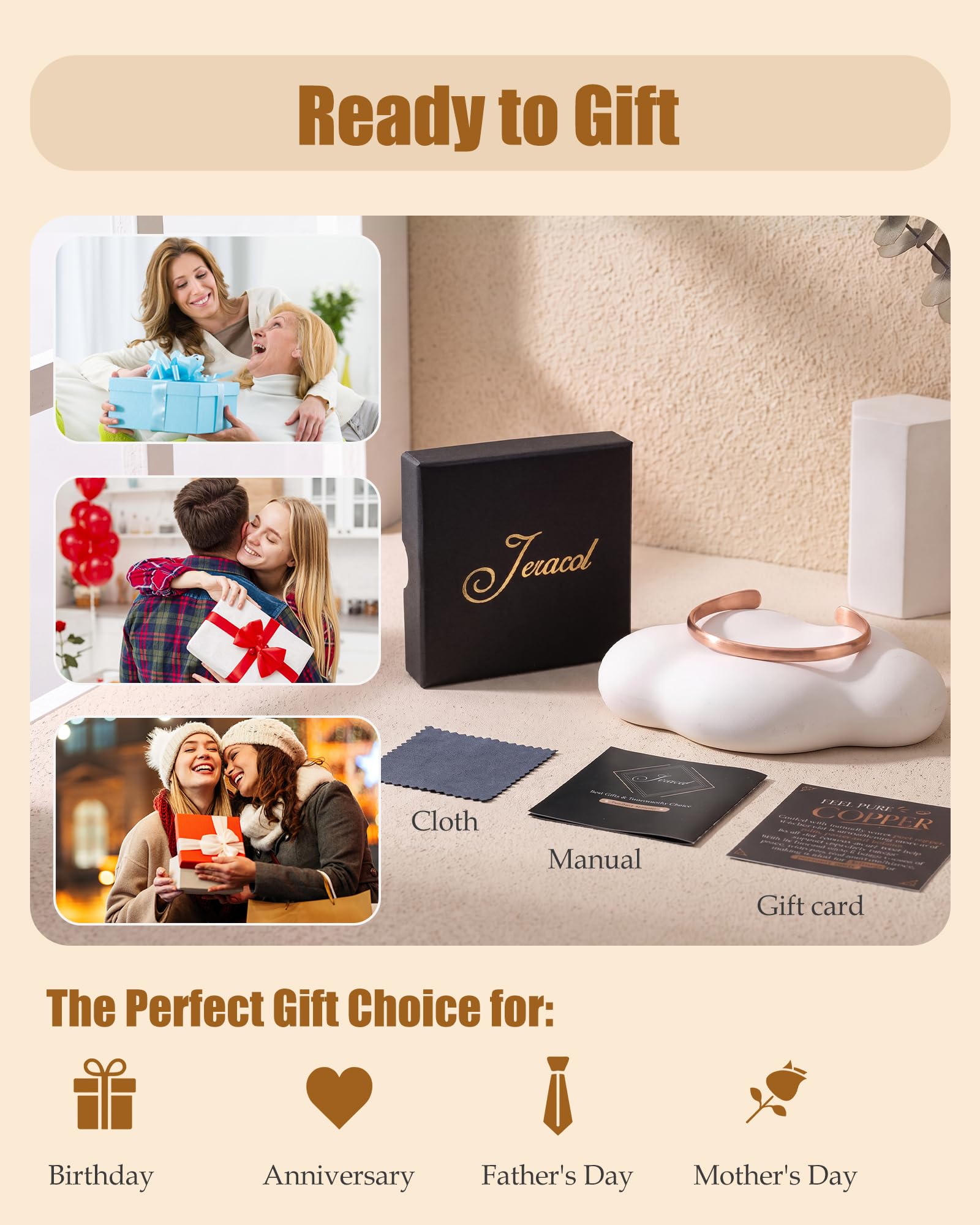 Jeracol Pulsera de cobre para mujeres y hombres, 100% cobre puro sólido