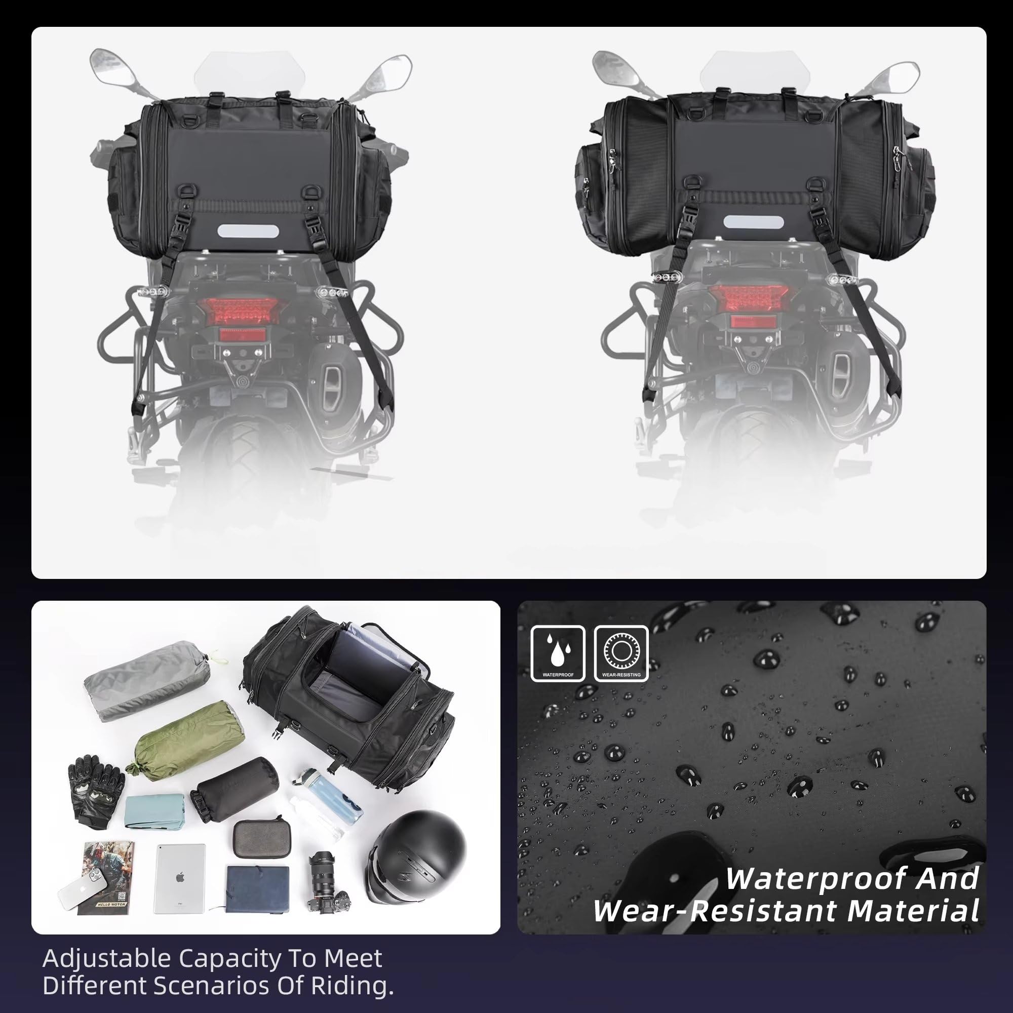 Moto Sacoche Selle Sac De Voyage Pour Siège Arrière Moto Étanche Extensible 19 À 80 L Compatible Avec La Plupart Des Motos