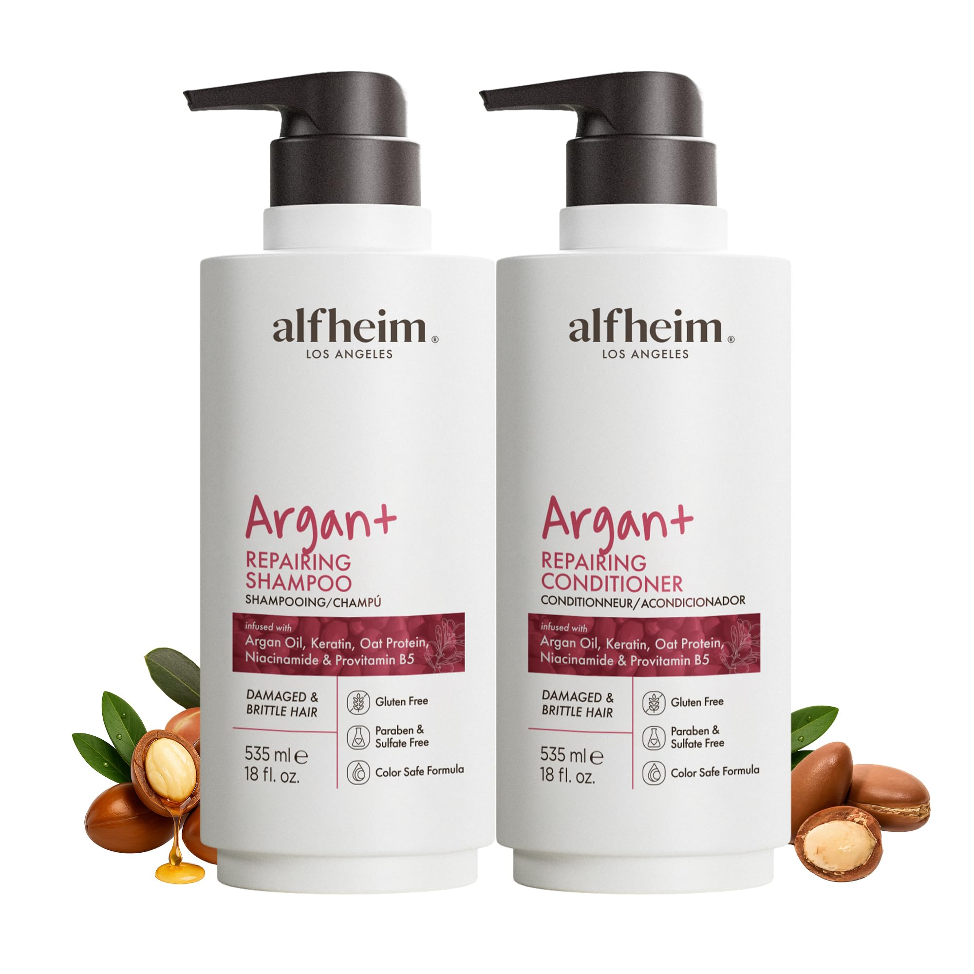 ALFHEIM Argan+ Repairing Shampoo & Conditioner Set for Dry, Damaged & Frizzy Hair with Argan Oil, Keratin, Oat Protein – Deep Repair, Moisture & Shine
