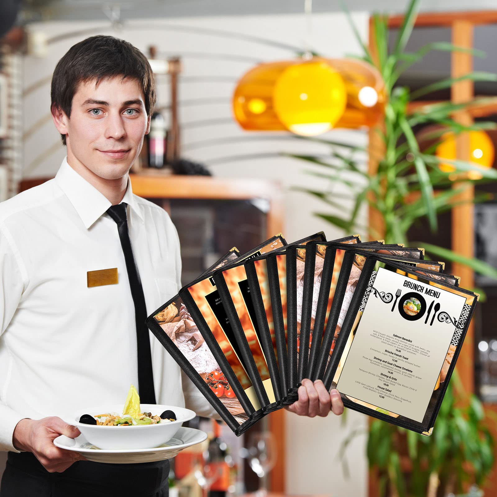 TaoBary 20 fundas de menú de 8.5 x 11 pulgadas para papel de tamaño A4, cubiertas transparentes para menús de restaurante con ribete de cuero sintético y esquina decorativa de metal, bar, cafetería