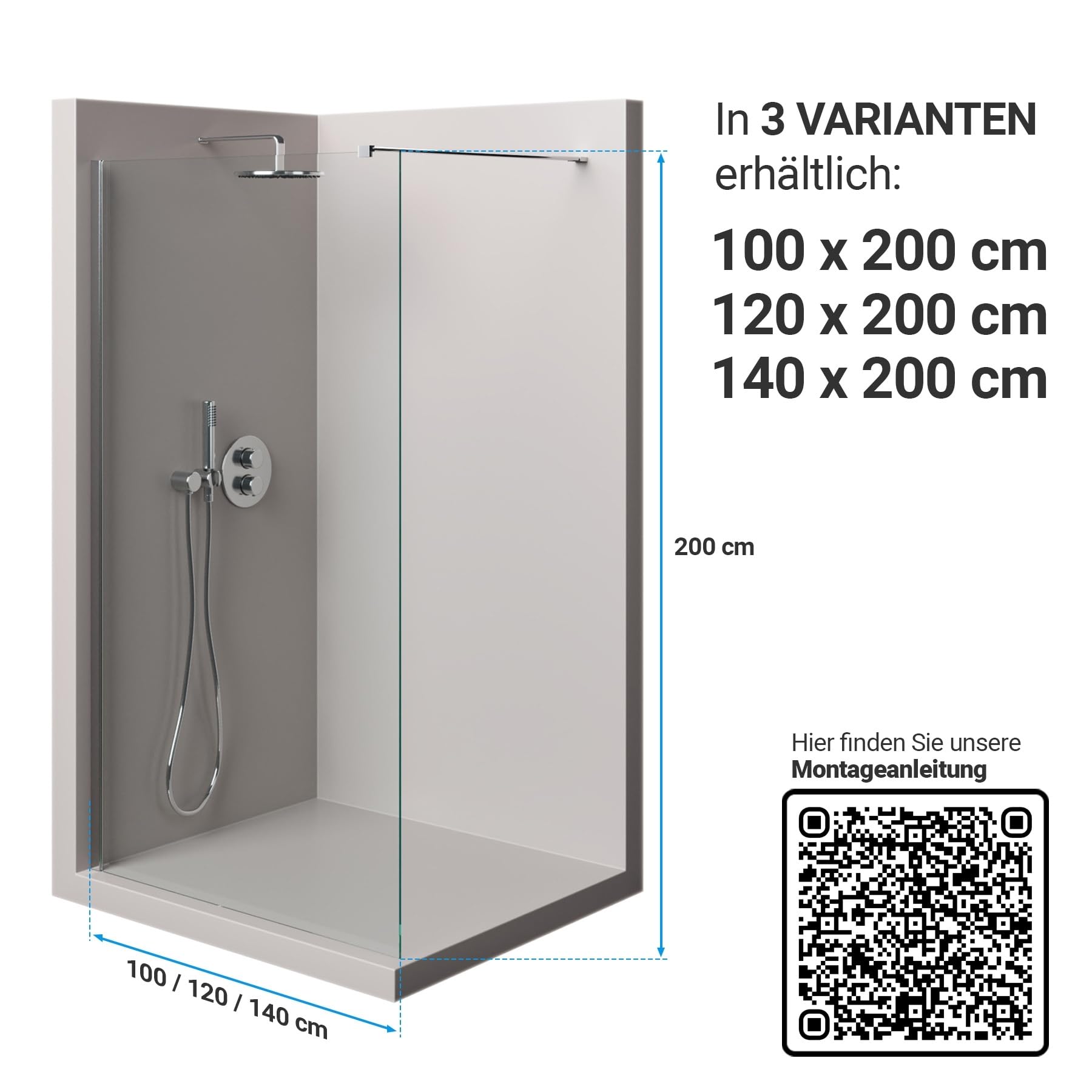 Duschwand Duschabtrennung Duschkabine Dusche (BxH) 100 cm x 200 cm Walk-In AquaSplash DIY Glas 8 mm