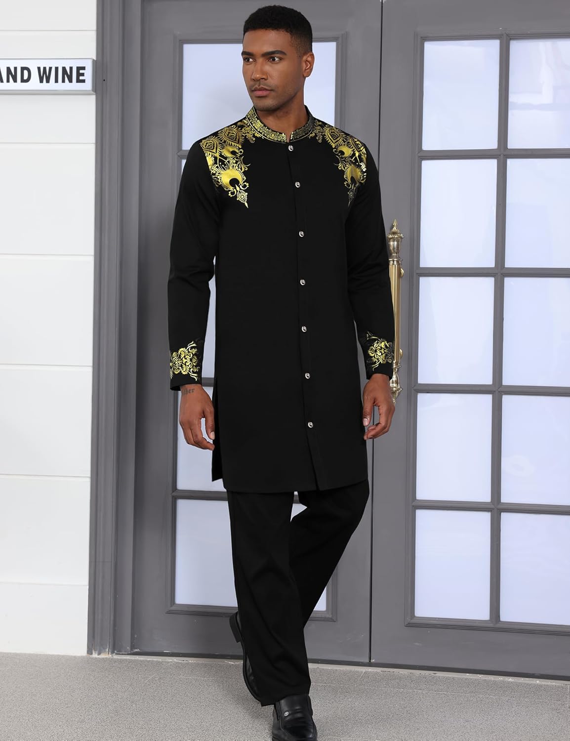 Mens Long African 2 Piece Set Nigerian Dashiki Metallic Traditional Suit Gold Stamp Printed Shirt and Pants Outfit - Image 2