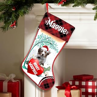 Personalized Merle Australian Shepherd Stockings Christmas, Custom Dog Hold Red Heart Under Tree Stocking with Name, Christmas Stockings for Pet Lover, Funny Gifts for Dog Mom Dogs Dad