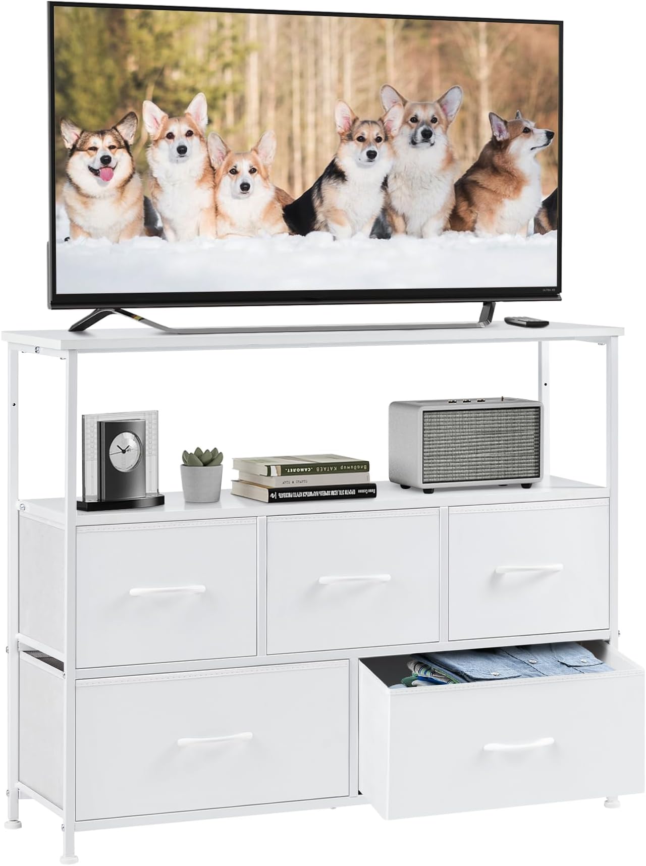 DUMOS TV Stand Dresser for Bedroom Entertainment Center with 5 Fabric Drawers Storage Organizers Units, Media Console Table with Open Shelf up for 45" Television for Living Room, Dorm, White