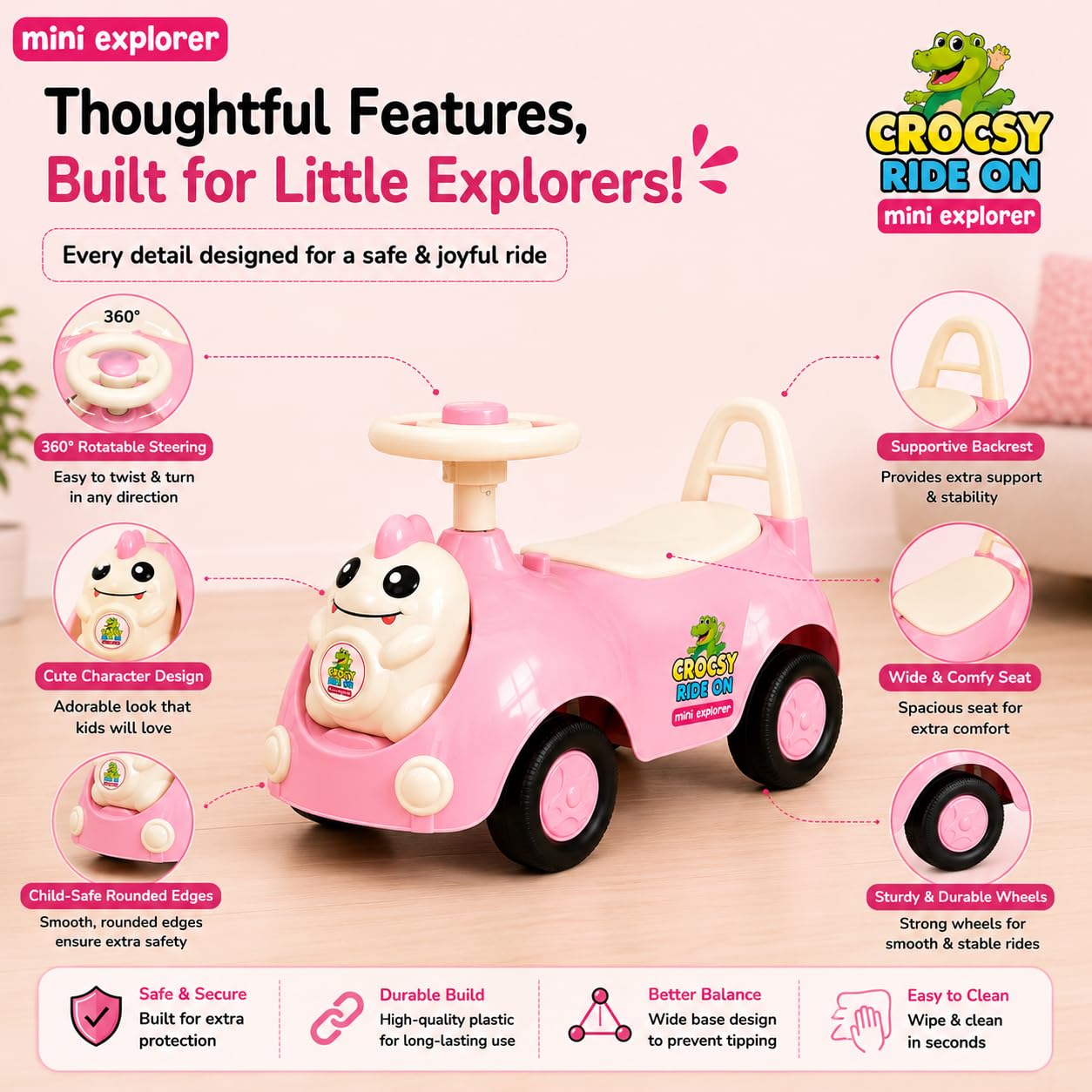MiniExplorer Wiggle Car - Pink Ride On Toy -4 MiniExplorer Wiggle Car - Pink Ride On Toy -4