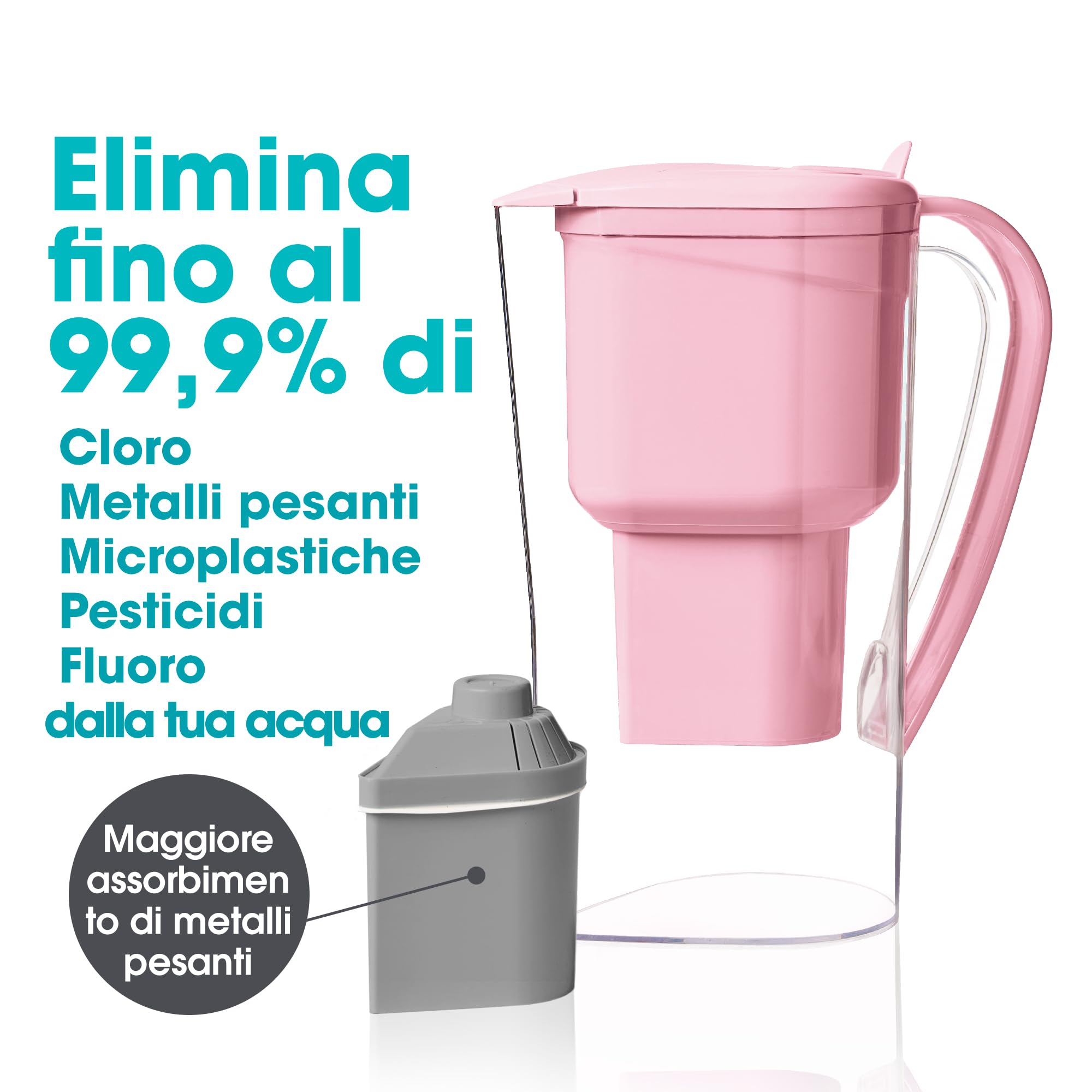 Caraffa filtrante per acqua Alkanatur Drops Rosa con filtro in zeolite - Idrogena + ionizza + aggiunge magnesio, rimuove cloro + metalli + batteri - Conforme alla norma UNE 149101:2015 - ALKANATUR
