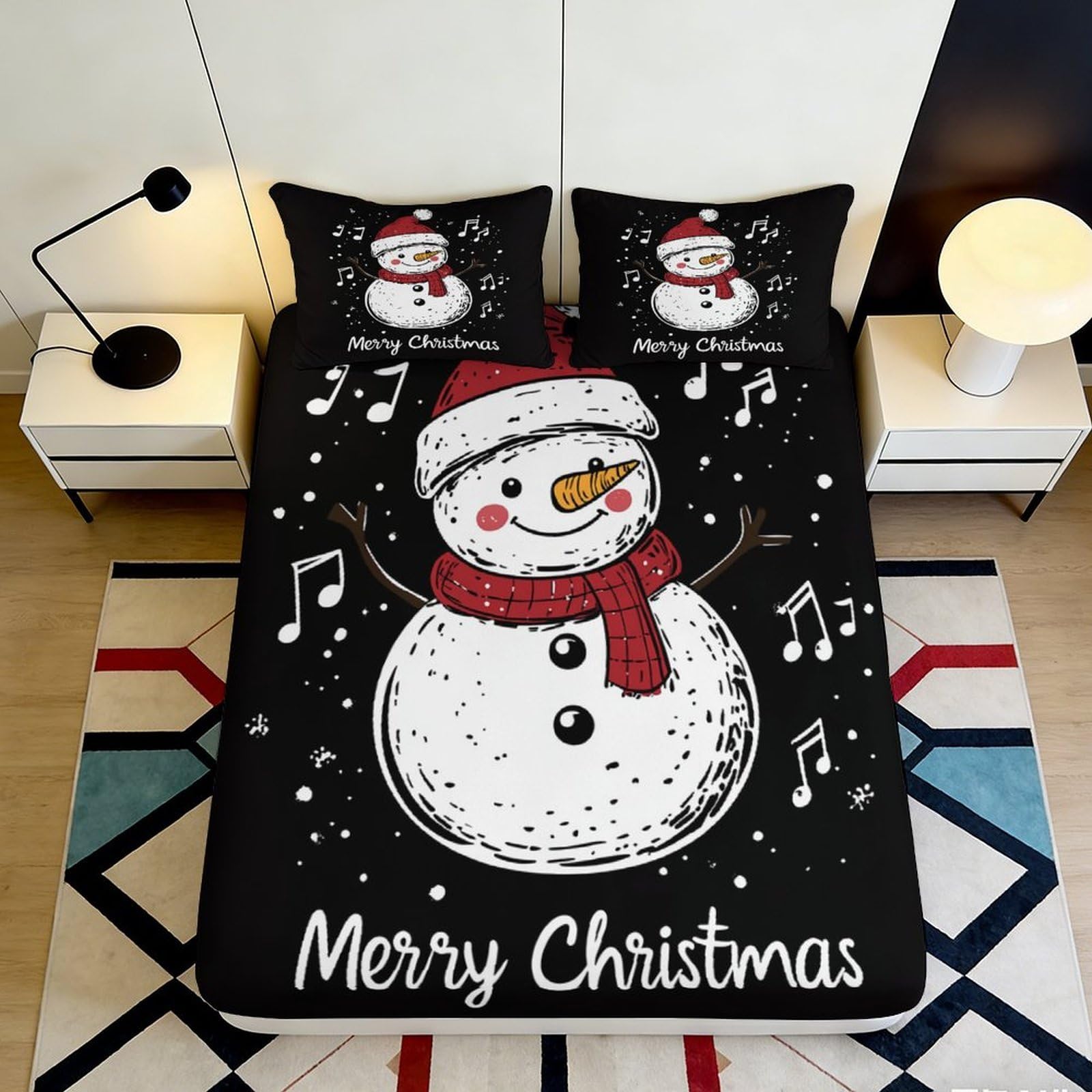 3D Printed Snowman Christmas Fitted Sheet Microfiber Soft Black Bed Sheet for Bedroom Guest Room Decor 140x200x25cm