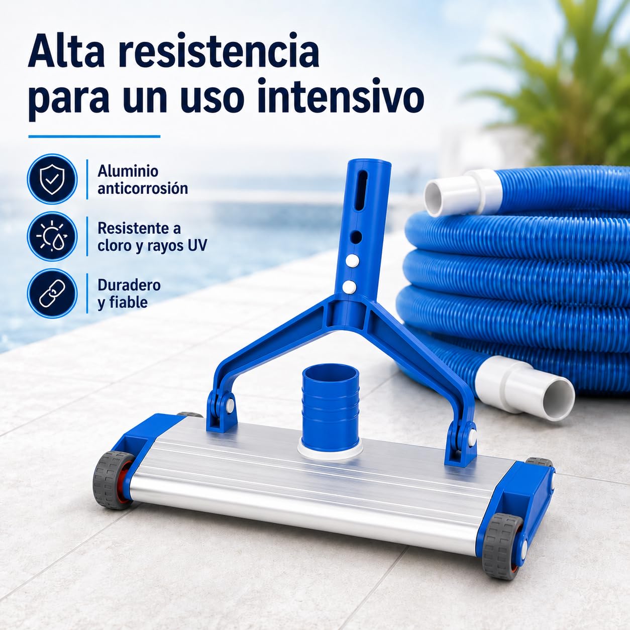 SIQUA Kit Limpieza Piscina Premium, Limpiafondos Aluminio con Cepillos Laterales, Manguera Autoflotante 8 m Ø38 mm, Aspirador Manual Fondo Piscinas, Alta Resistencia UV