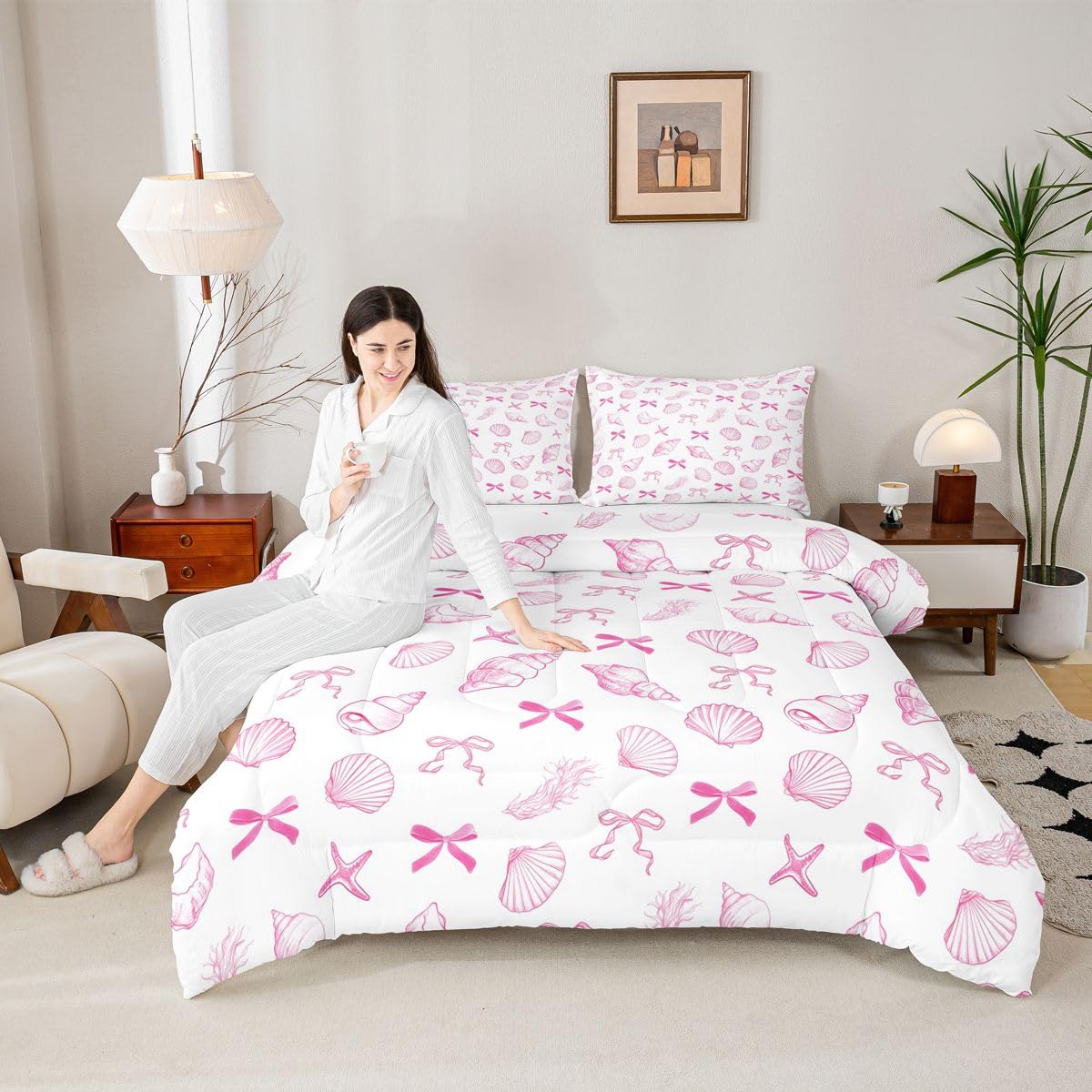 Summer Sea Kinder-Bettwäsche-Set für King-Size-Bett, Kawaii-Fliege, Muschel, Ozean, Muschel, Seetang, nautische Steppdecke, rosa-weiß, Schlafzimmer-Bettbezug, 2 Kissenbezüge