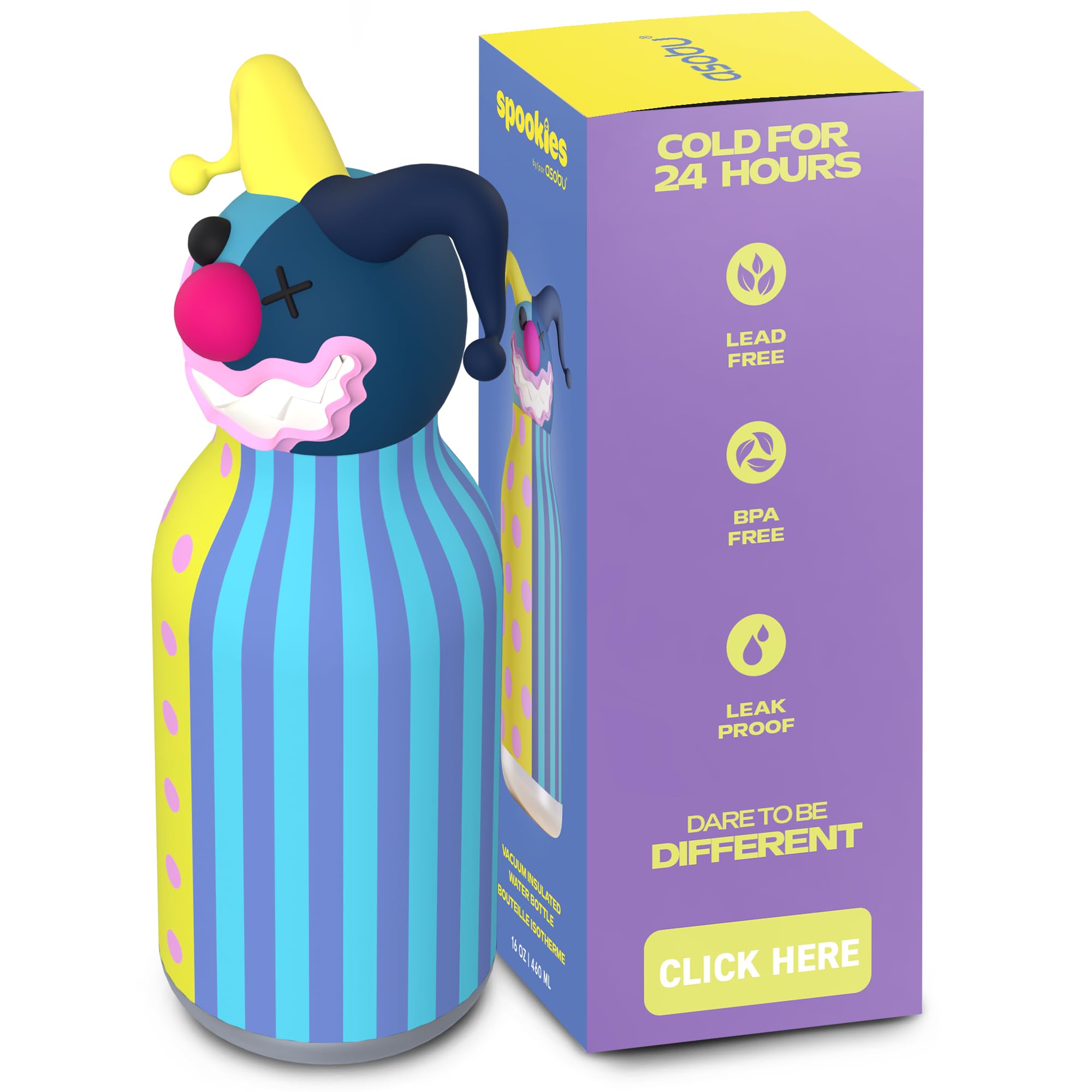 asobu Spookies Insulated Water Bottle with Straw, Stainless Steel, 460 ml | Vacuum insula…