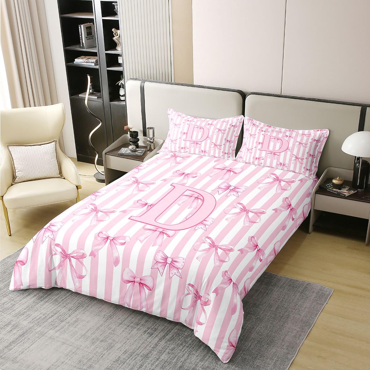 Homewish Początkowa litera D kokarda alfabet różowe paski podwójny zestaw pościeli kokarda bawełniana poszewka na kołdrę w paski kawaii poszewka na kołdrę marzycielska księżniczka ciepłe