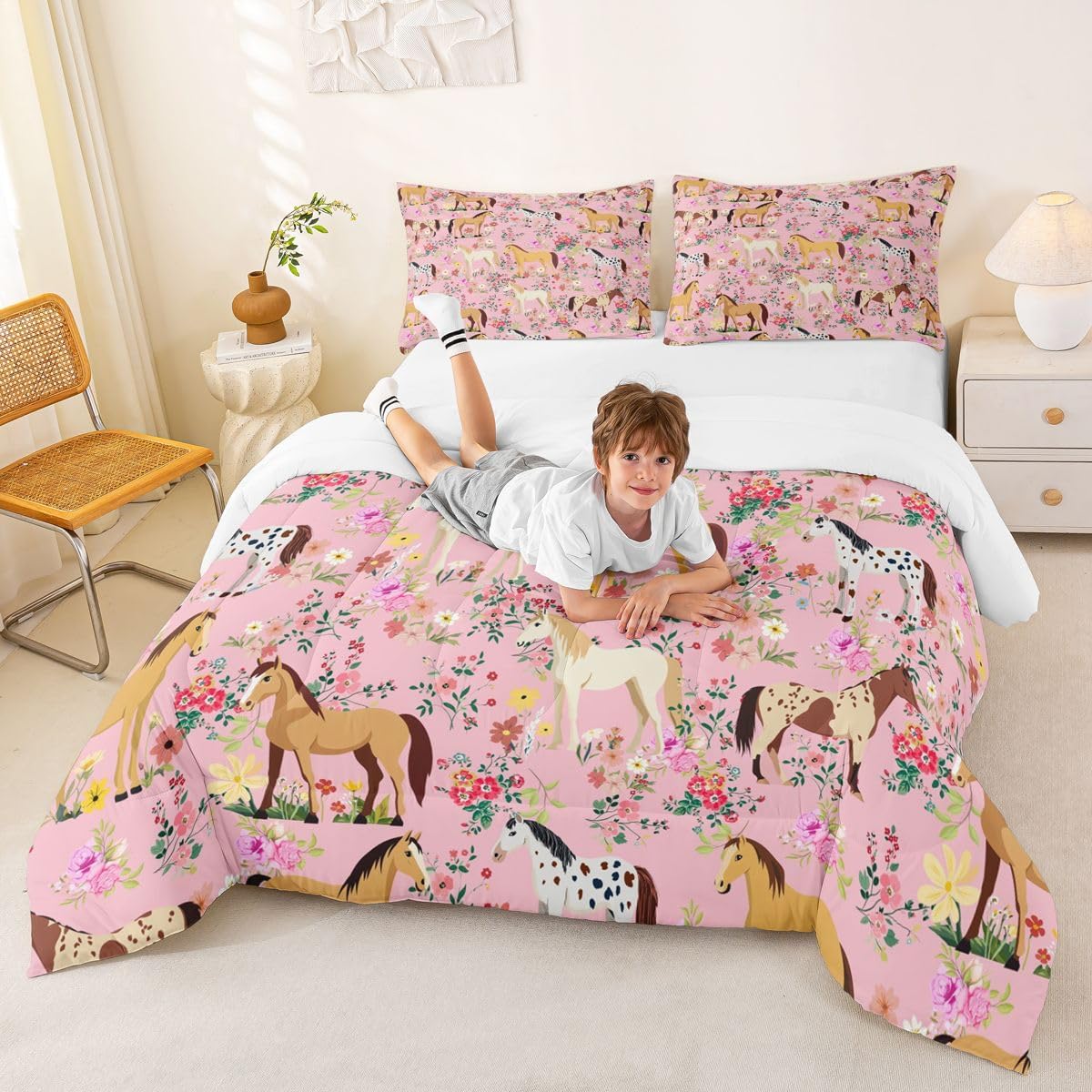jejeloiu Horse Comforter Set for Girls Boys Kids Queen Size Cute Animal Horses Flowers Comforter Room Decorations Horse Lovers Bedding Farmhouse Pink Duvet Set
