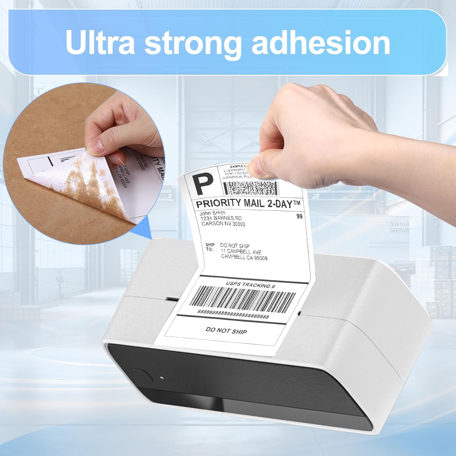 Hand applying a Labelife 4x6 label to a package, showing strong adhesion