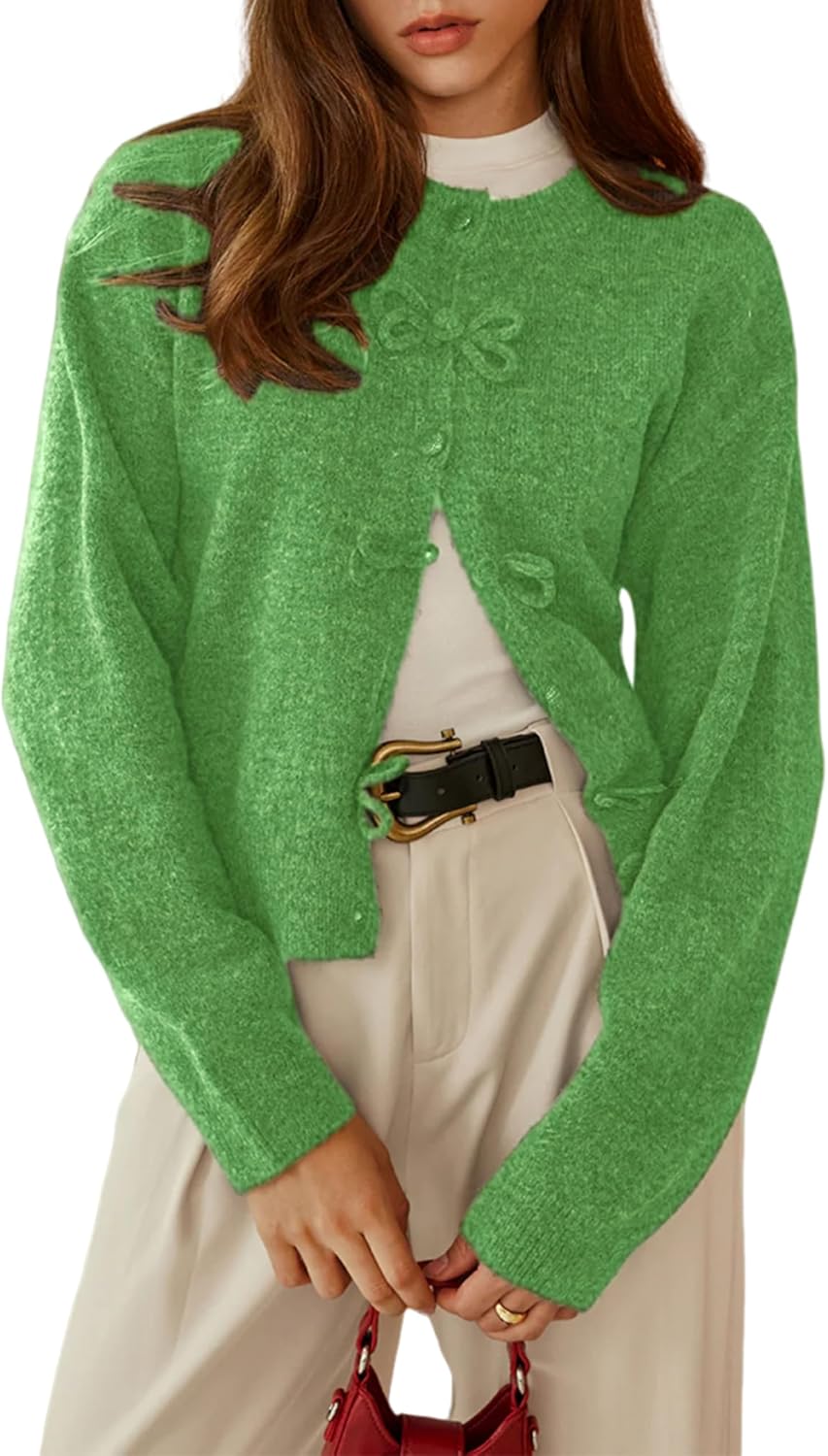 Women's Bow Knot Cardigan Crew Neck Long Sleeve Button Down Knit Cropped Sweater Tops