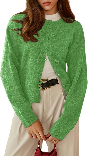 Womens Bow Knot Cardigan Crew Neck Long Sleeve Button Down Knit Cropped Sweater Tops