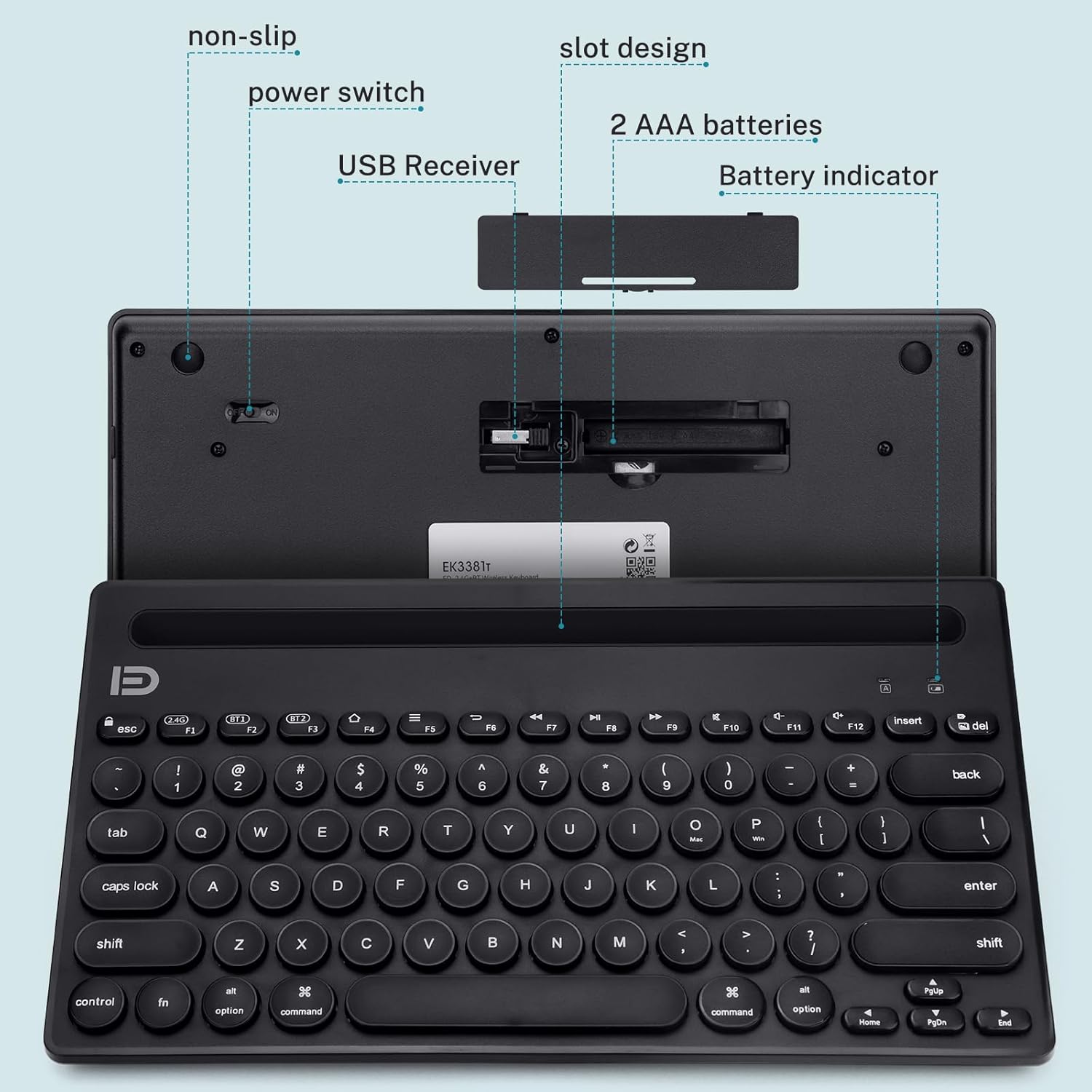 Underside of the keyboard showing the battery compartment, USB receiver storage, and power switch.