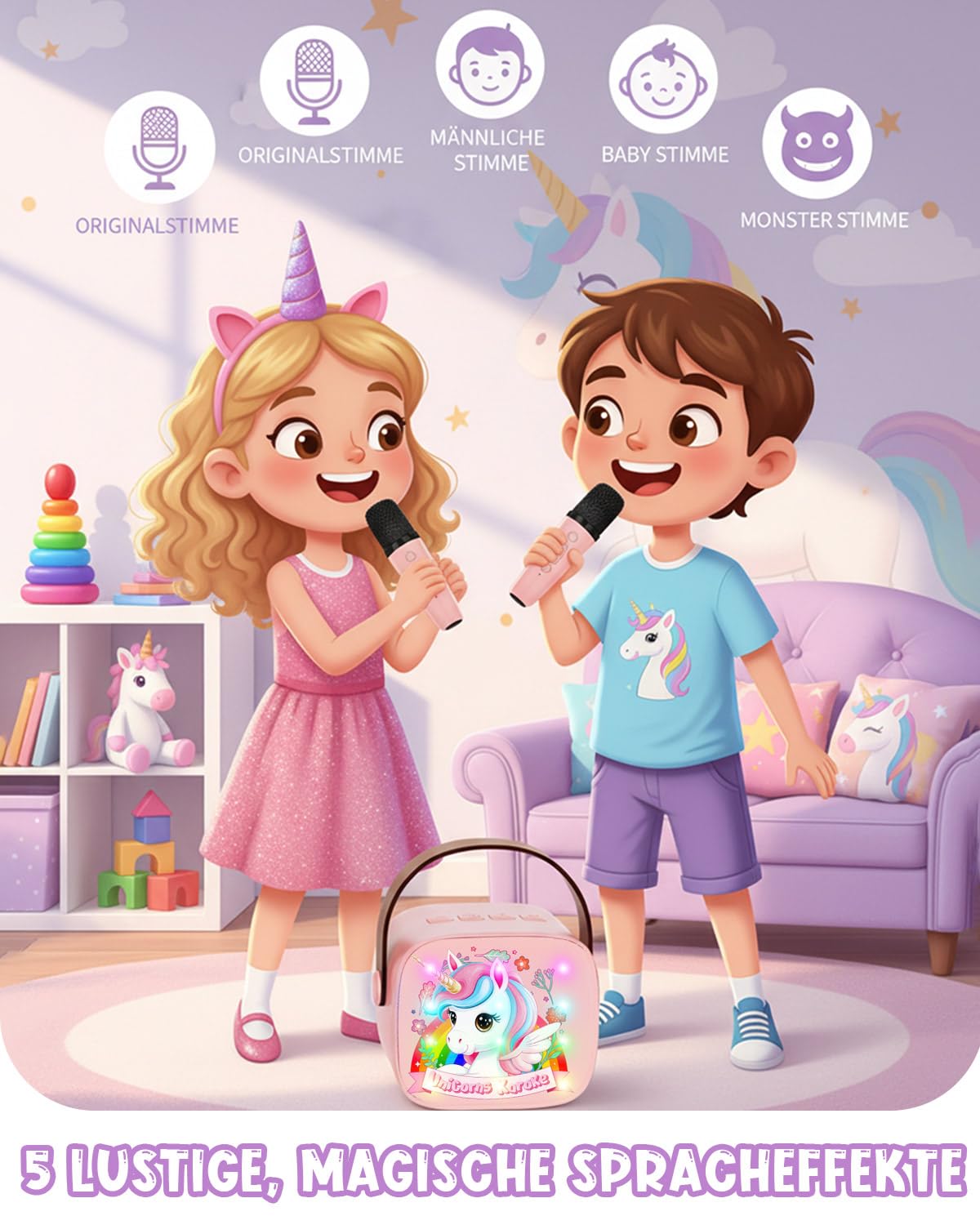 Einhorn Karaoke Maschine mit 2 Bluetooth Mikrofon Kinder, Einhorn Geschenke für Mädchen 3-13 Jahre, Tragbarer Karaoke Drahtlosen Mikrofon mit LED-Lichtern, Mädchen Geschenk Microphone