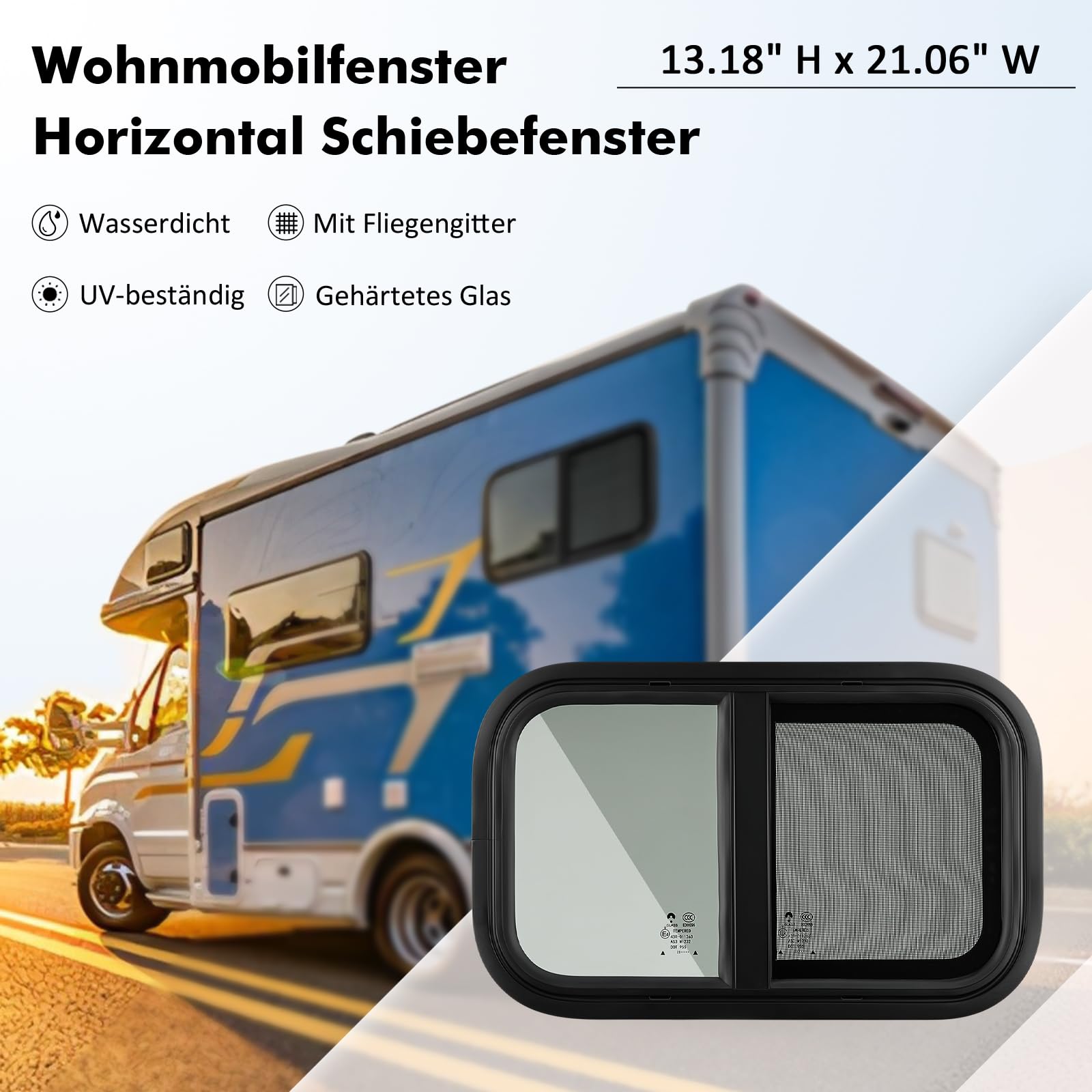 GEARMONSTER Finestra laterale per camper e roulotte, colore nero, 500 x 300 mm, con schermo, vetro temperato per rimorchi