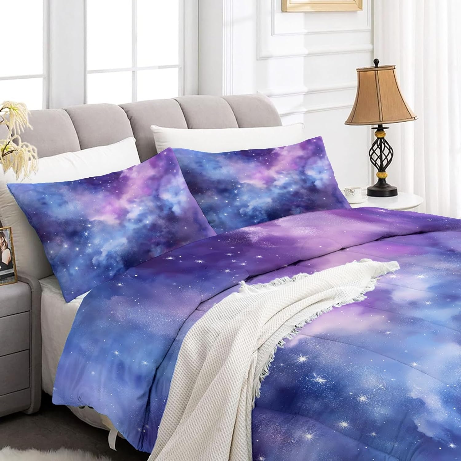 Universe Nebula Vibrant Colors Comforter Set King Size, Purple Bedding for Kids Boys Girls, Duvet Soft Warm Bedding Sets Bedroom Decor 3Pcs