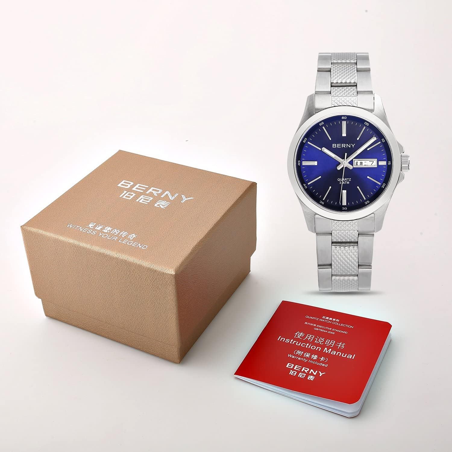 BERNY Men's Quartz Watch Stainless Steel Band with Date Function at 3 Clock (38 mm)