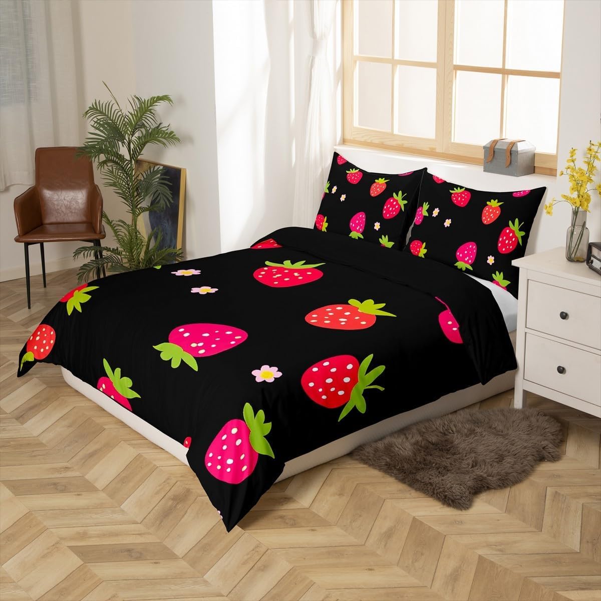 Poszwa na kołdrę 105 Truskawkowe owoce, Pościel Kawaii z mikrofibry z nadrukiem 3D Pokrowiec Edredon 200 x 200 cm z zamkiem błyskawicznym i 2 poszewkami na poduszki C-1335