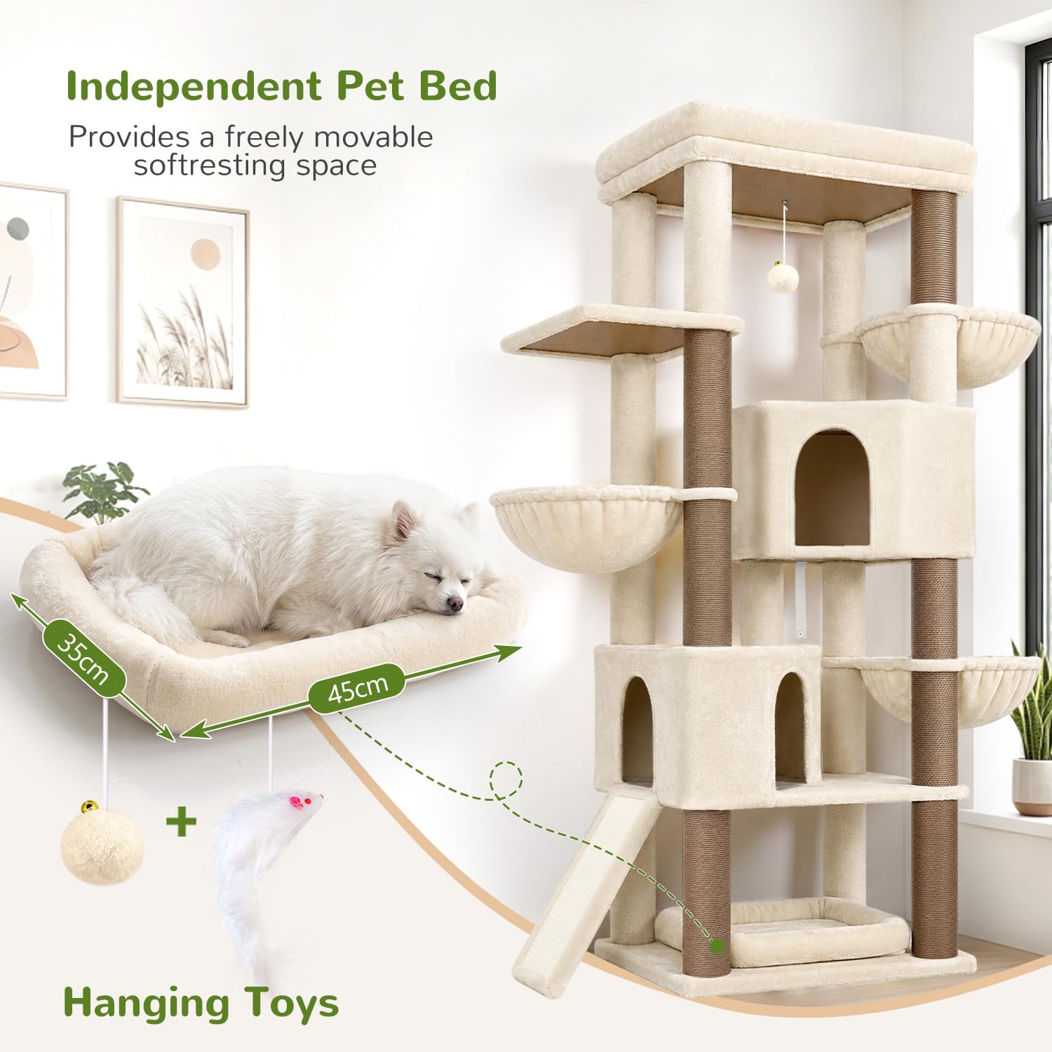 Globlazer Rascador beige XL de 177 cm de alto con 2 casas grandes para gatos, plataforma grande acolchada (60 x 44 cm), 3 cestas blandas, rampa para rascar sisal, estable para 2 – 4 gatos adultos