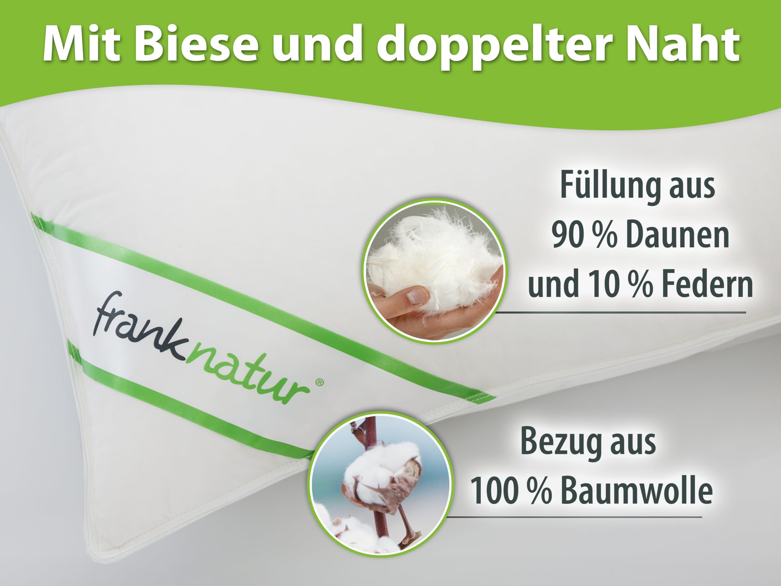 franknatur 3-Kammer Kopfkissen 40x80 Premium Kissen Daunenkissen Carla