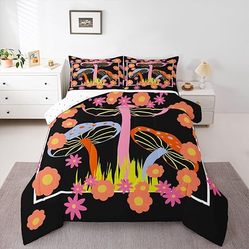 Miniatura 4 de Feelyou Groovy - Juego de edredón de flores para niñas y niños, edredón retro floral bohemio con hongos de los años 70, juego de ropa de cama de