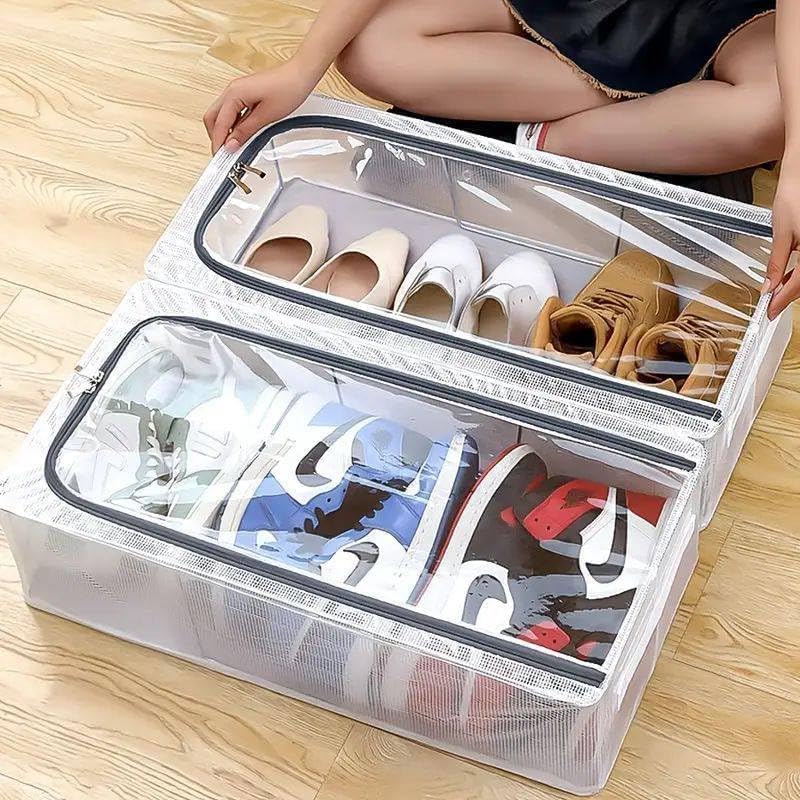 Clothes Storage Bag Transparent Shoe Storage Box 27L Steel Frame | 60x30x15 CM, Foldable Clear Window, Reinforced Handles, 1 Piece, Transparent/White-image-5
