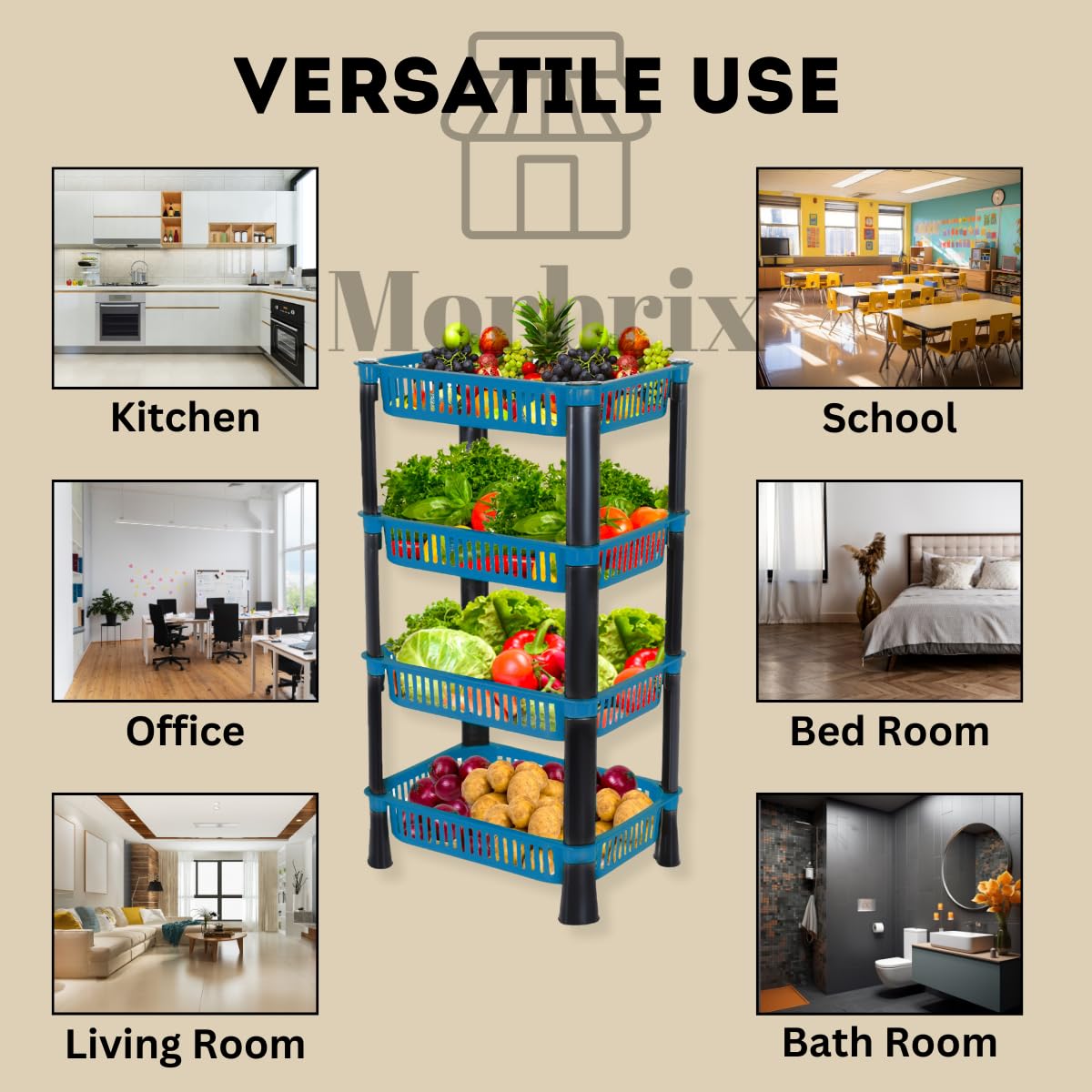 Morbrix Vegetable Kitchen Storage Rack Stand – Multipurpose Plastic Organizer Shelf for Home, Pantry & Office – Space-Saving Storage Rack (4 Layer Rack Stand, Navublue Color) - Image 4 thumbnail