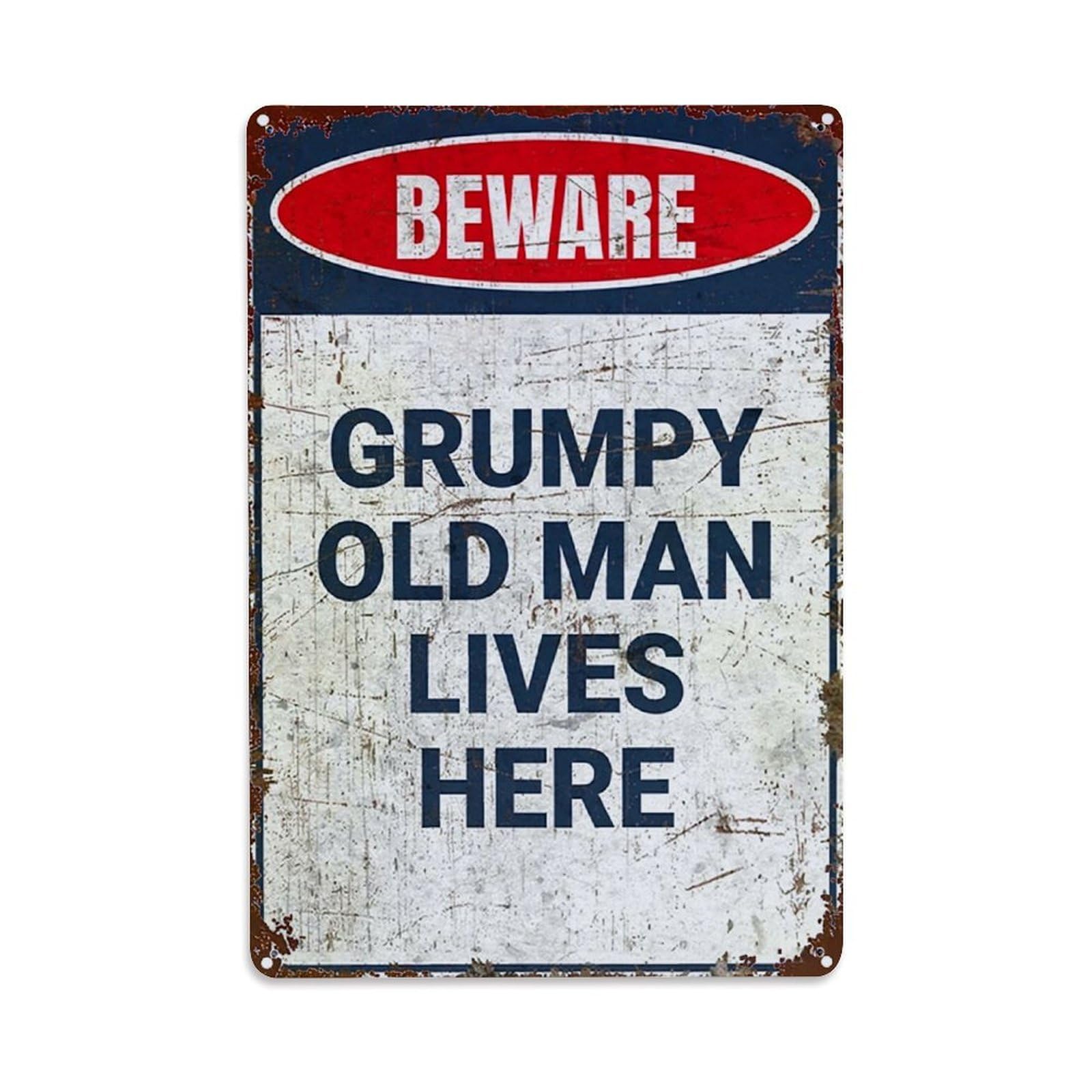 Beware Grumpy Old Man Lives Here Retro Metal Tin Sign, Vintage Decor Art Poster for Bar, Home, Man Cave, Kitchen, Laundry Room Gift 8x12Inch