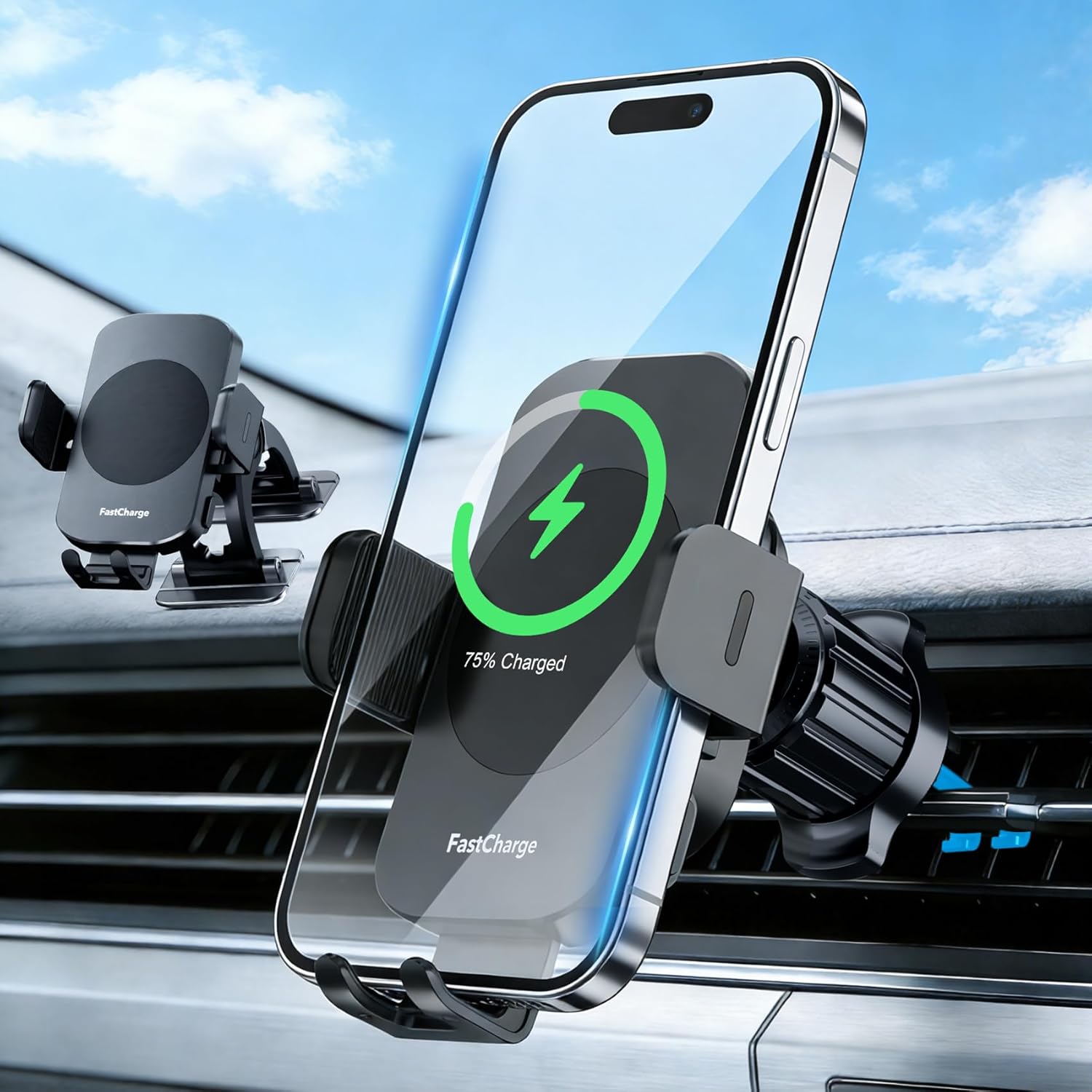 Car Phone Holder MOYAC Wireless Auto-Clamping Car Mount with Metal Hook Clip 360 Rotation One Button Quick Release
