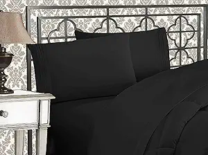 Elegant Comfort Luxurious 1500 Premium Hotel Quality Microfiber Three Line Embroidered Softest 5-Piece Bed Sheet Set, Wrinkle and Fade Resistant, Split King, Black