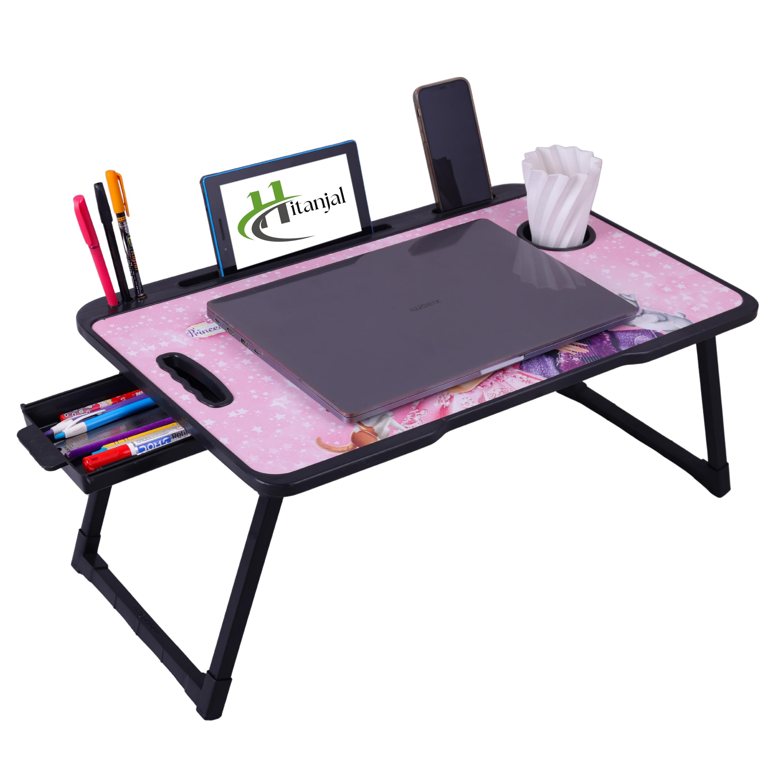 Hitanjal Foldable Wooden Mini Laptop Table for Bed, Study Table with Drawer, Mobile Holder (BARABIS) 3