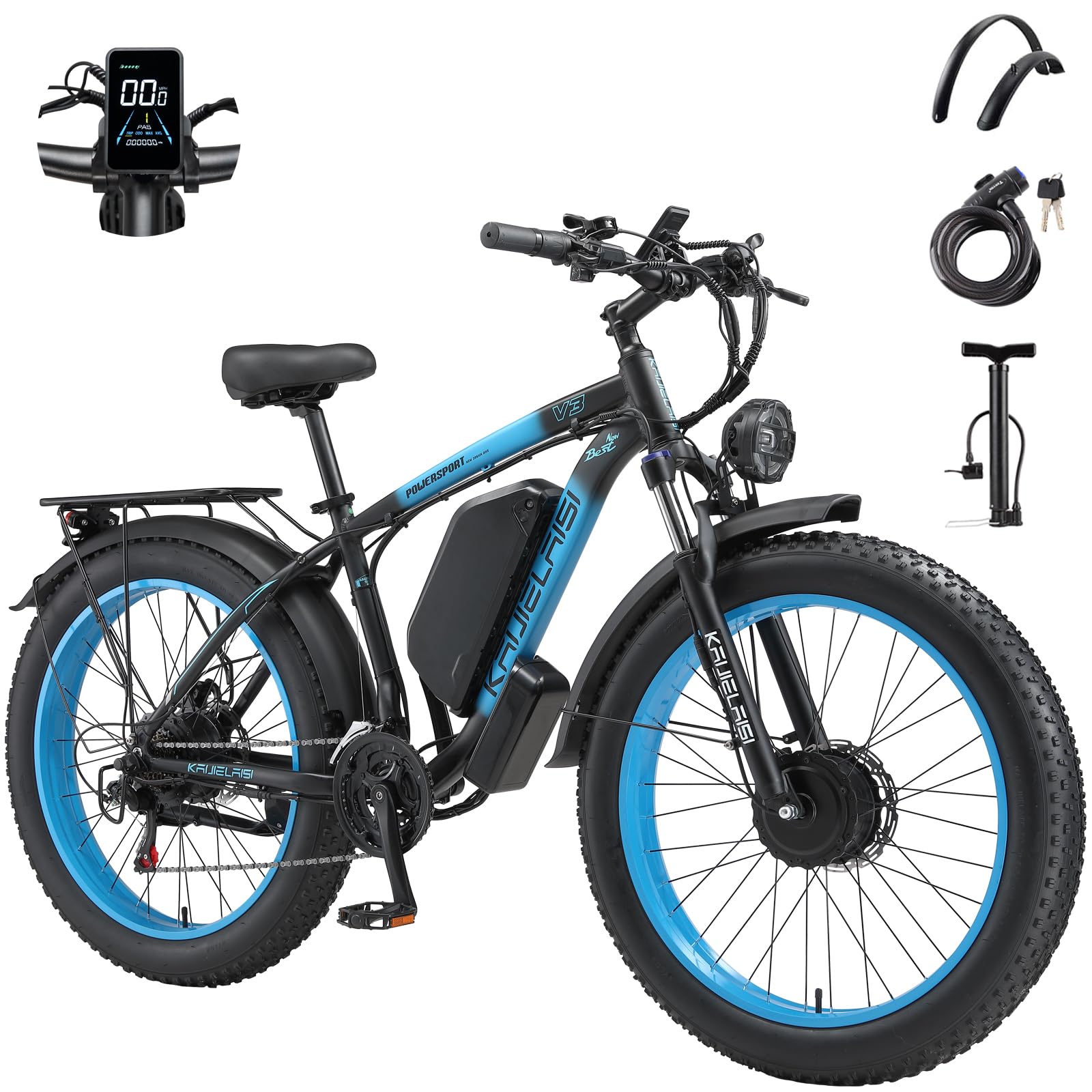 Electric Bike for Adults, 4000W Peak Power 26” Fat Tire Ebike, 34MPH AWD Dual Motor Electric Bicycles, 48V 23AH Removable Battery Fast Dual Hydraulic Brakes Electric Mountain Bike (Black-Blue)