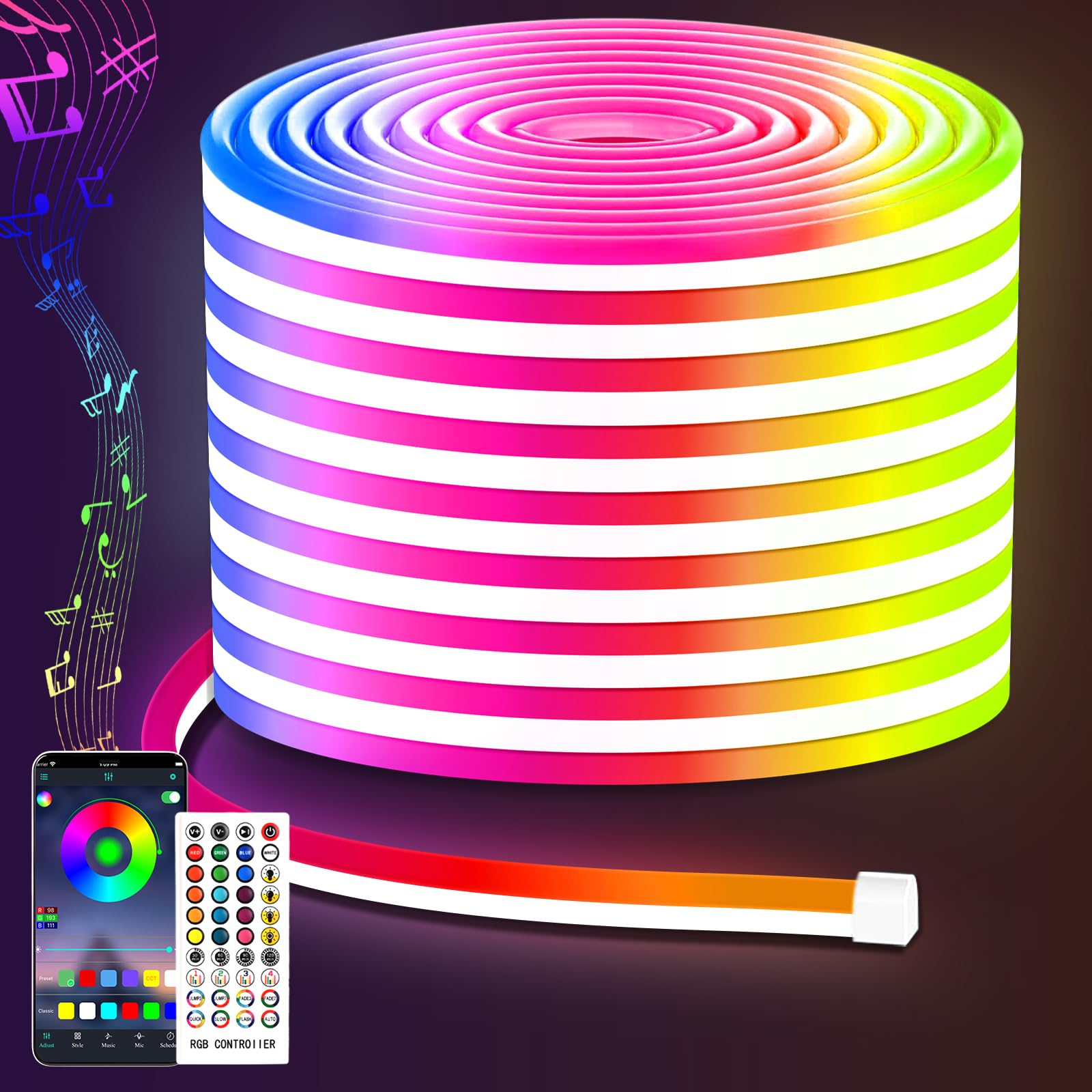 Jintyoung Rgb Led Neon Rope Lights,15M Led Rope Lights Control With Remote/App, Music Sync Colour Changing Neon Strip Lights, Ip67 Outdoor Led Strip Lights Waterproof For Indoors Bedroom Home Decor