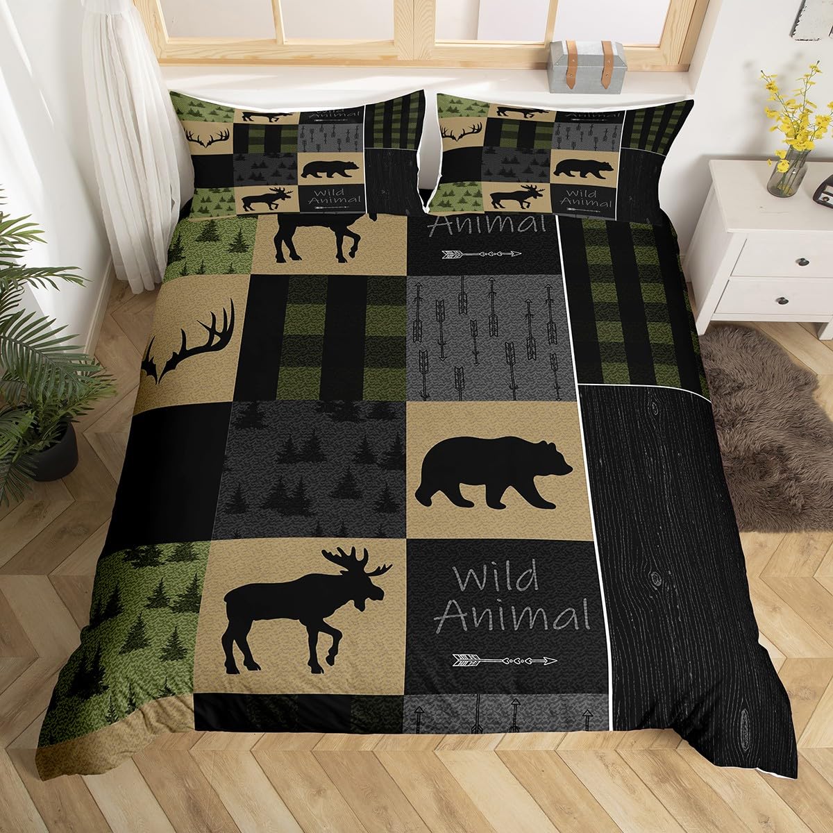 Homemissing Bear Duvet Cover Wild Animal Bedding Set For Kids Women Men Ultra Soft Rustic Cabin Country Comforter Cover Green Black Grey Bedspread Cover Decor Bedclothes Zipper Double