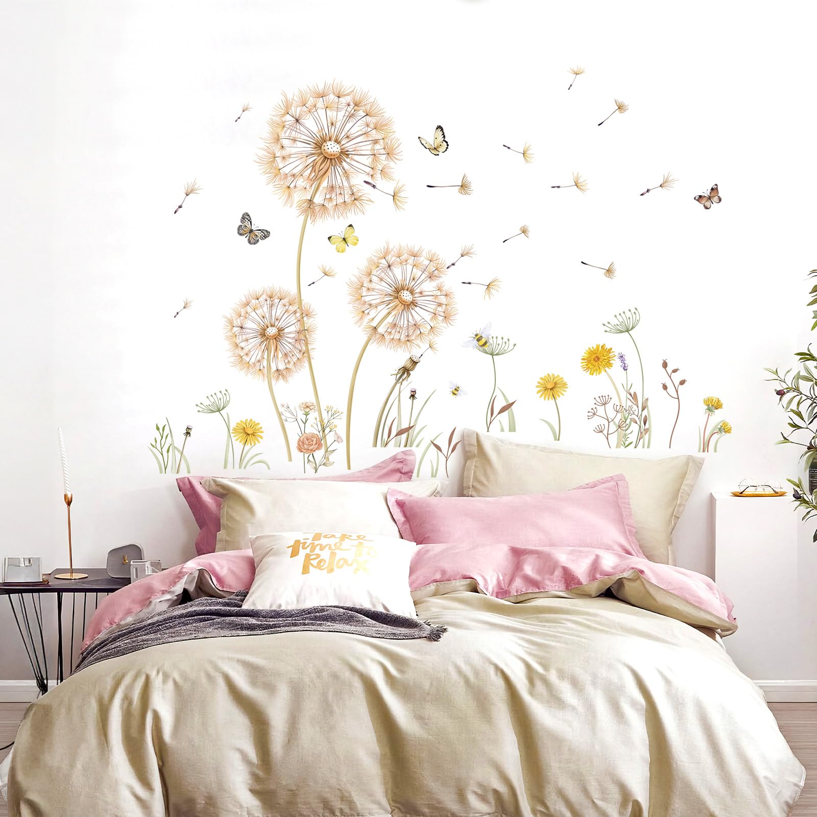 FUFUQUARE Yellow Dandelion Wall Stickers Boho Floral Butterfly Wall Art Decal Peel and Stick for Living Room Bedroom Nursery Background Décor - Image 3