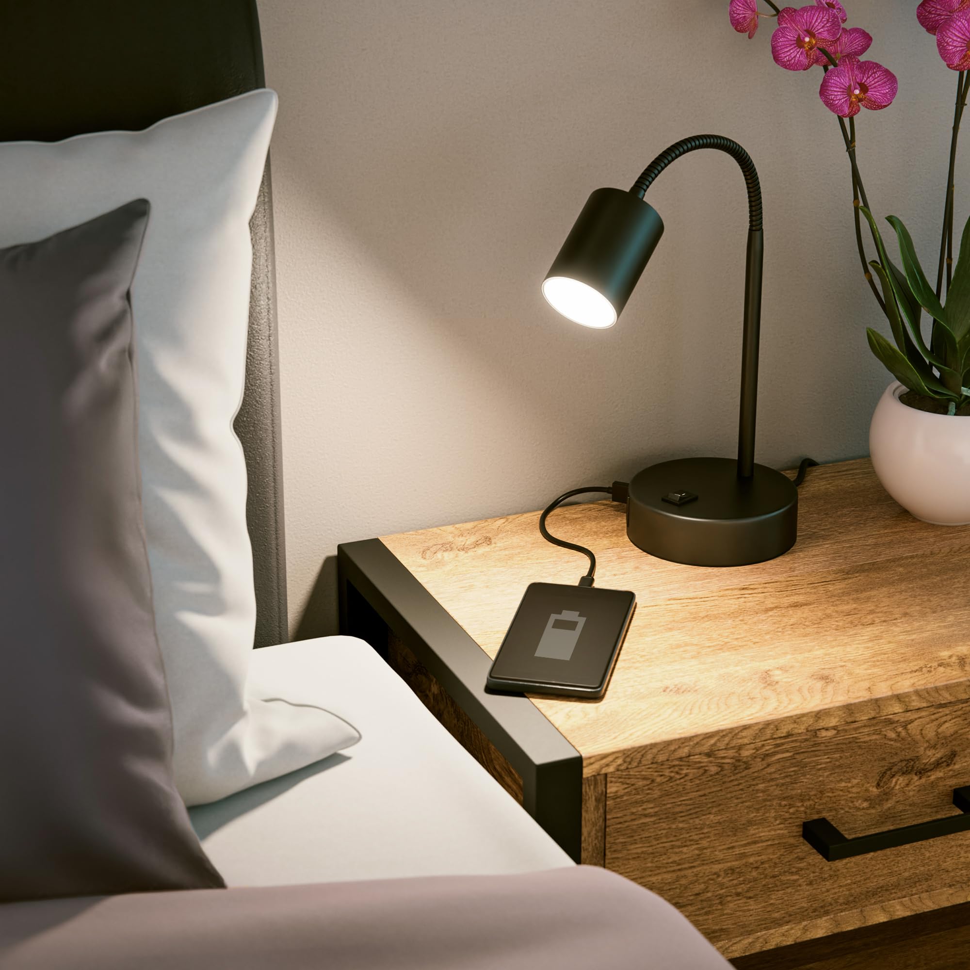 ledscom.de 2x Tischleuchte WAIKA, schwarz, USB-A, USB-C, inkl. GU10 LED Lampe (3-Stufen-Dimmer, weiß, 6,1W, 609lm)