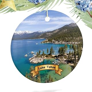 Lake Tahoe Christmas Ornament Porcelain Double-Sided Ceramic Ornament,Hanging Ornaments for Christmas Tree Decoration Xmas Party Decorations,2.9 Inches